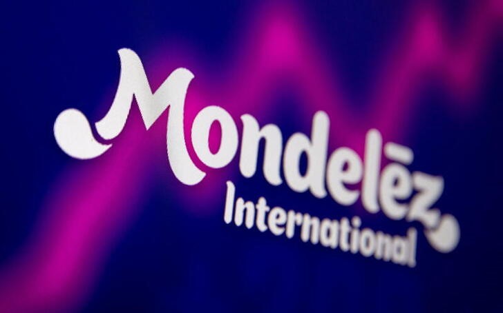 Mondelez International logo and stock graph are seen displayed in this illustration picture