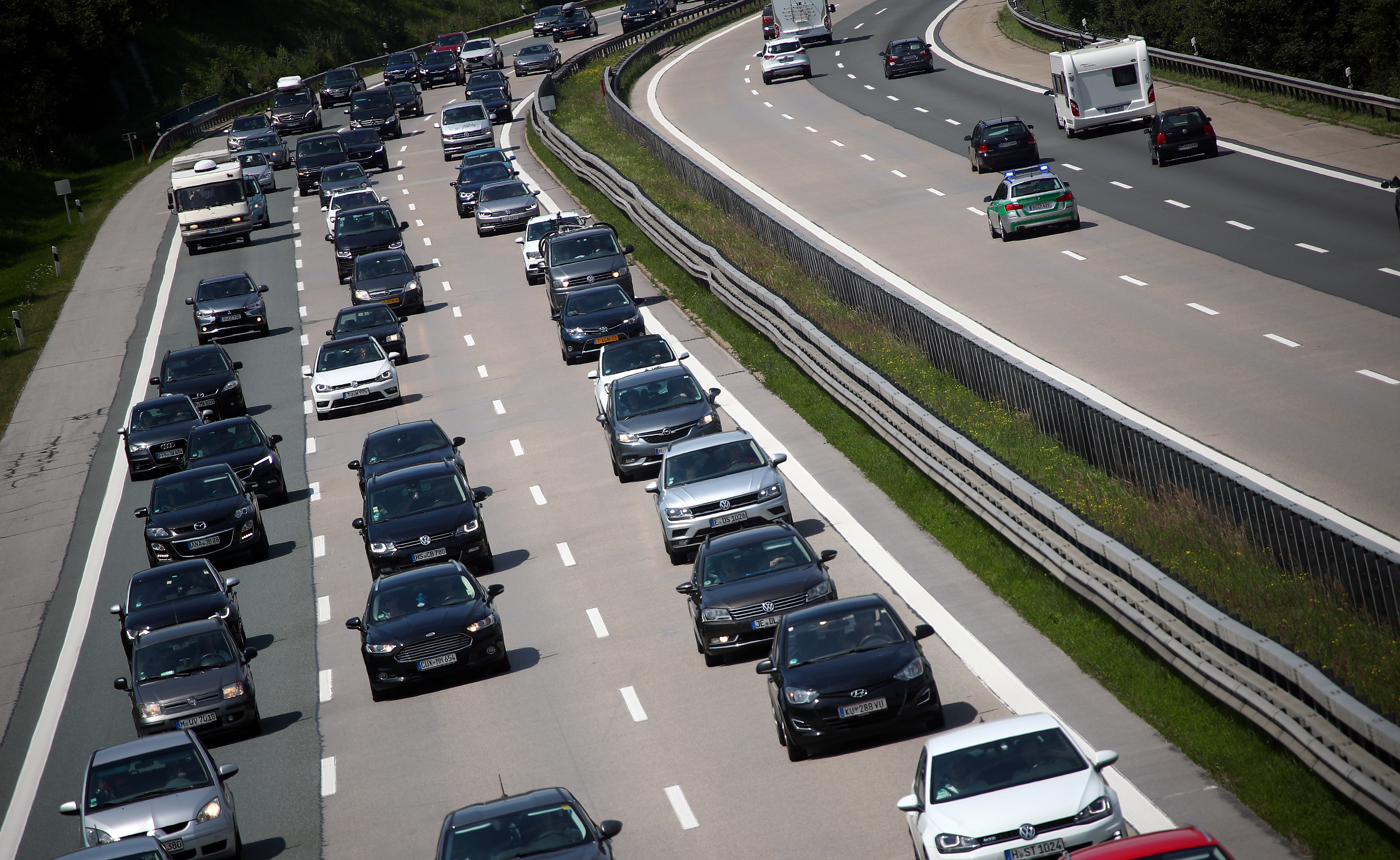 Cars jam on the motorway A8 between Salzburg and Munich near Irschenberg