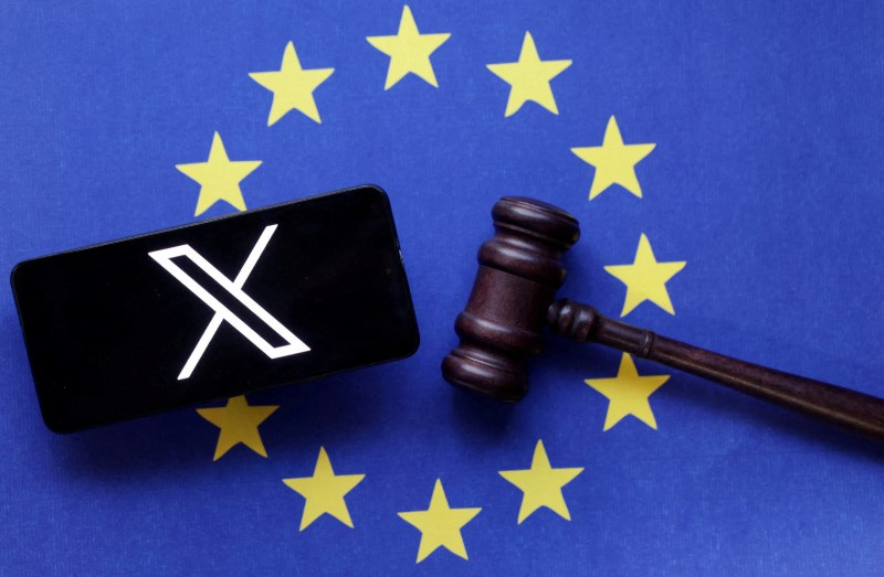 Illustration shows X logo, EU flag and Judge gavel