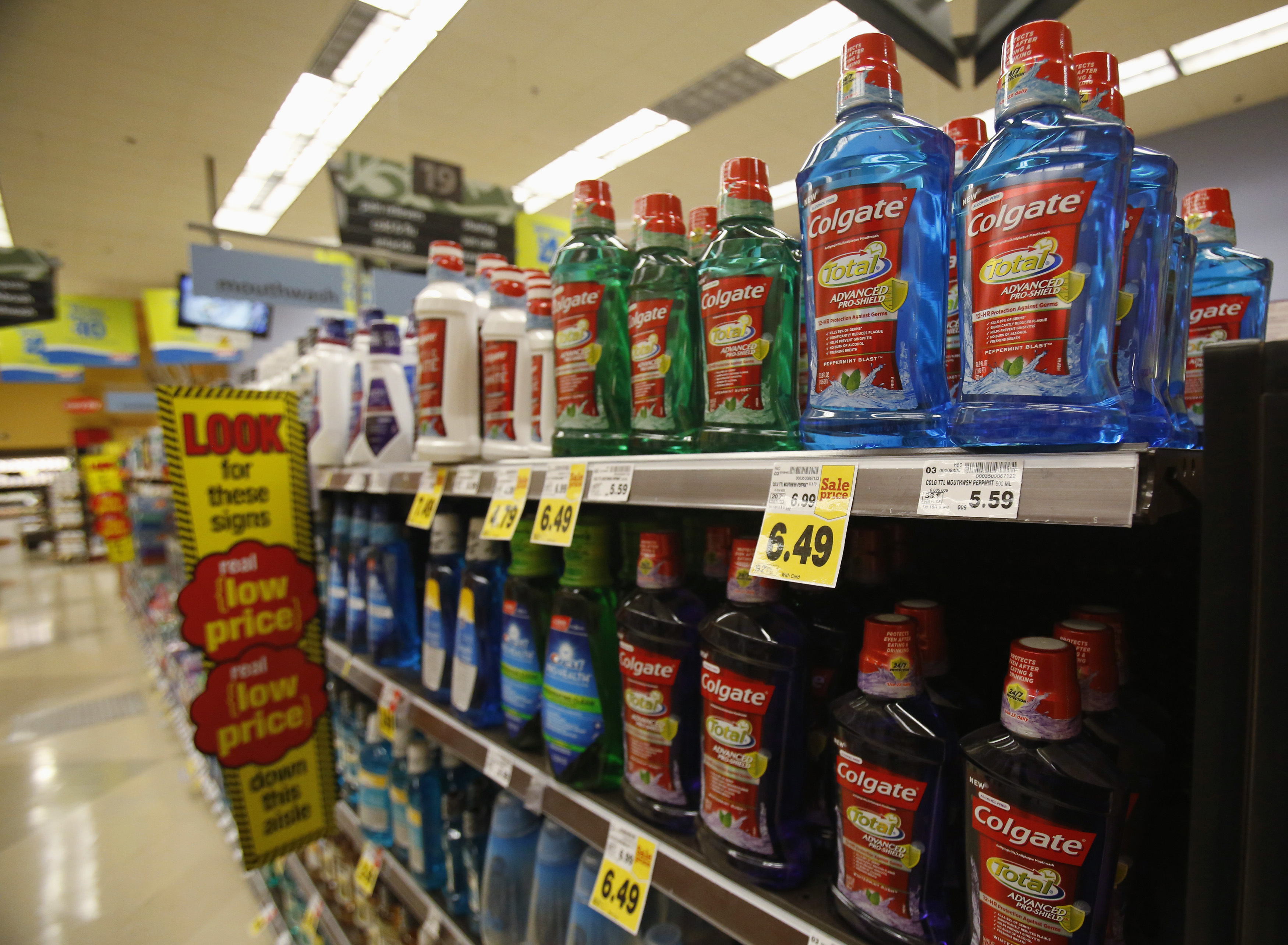 Colgate mouthwash is pictured on sale at a grocery store in Pasadena