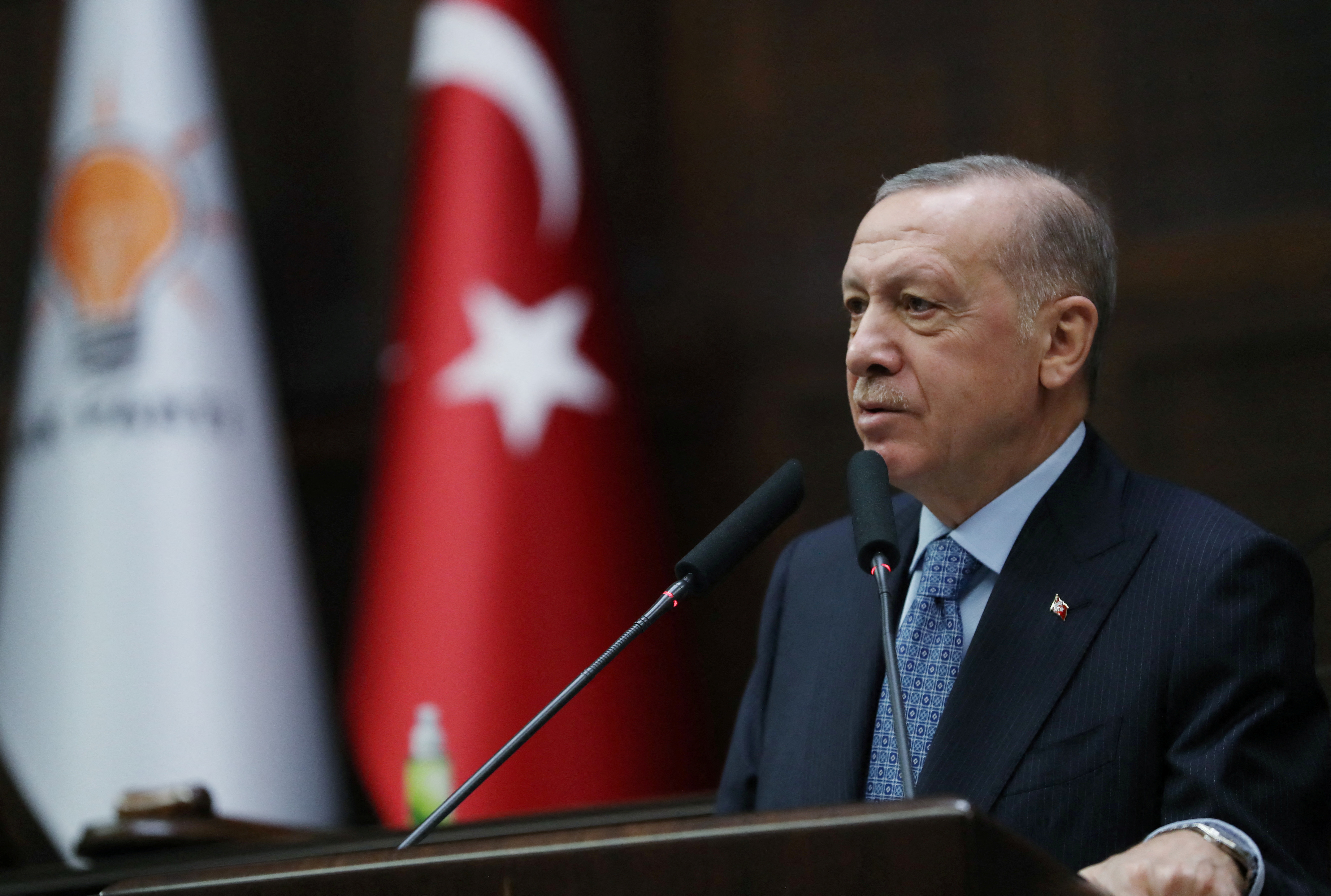 Turkish President Erdogan addresses members of his ruling AK Party during a meeting in Ankara