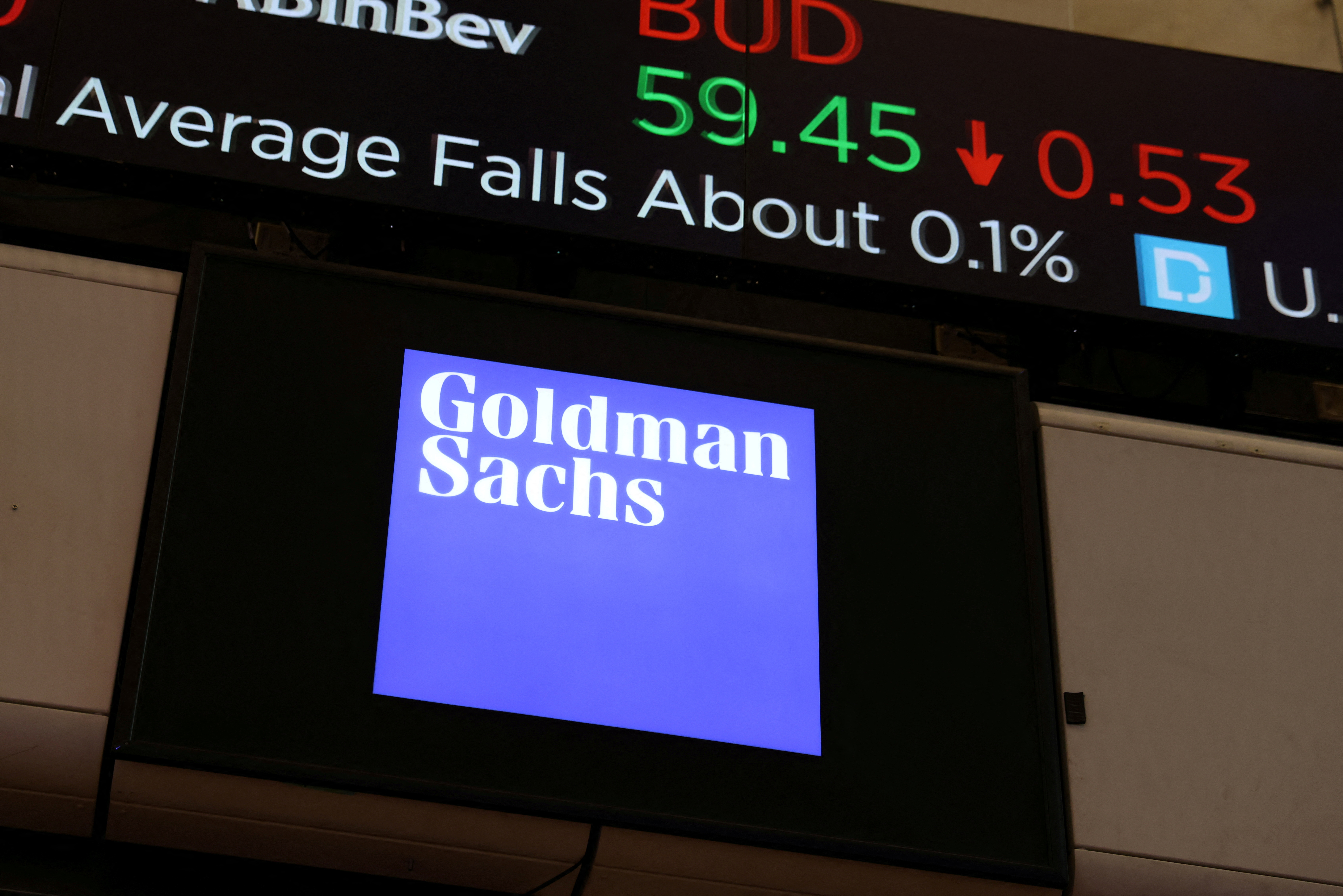 The logo for Goldman Sachs is seen on the trading floor of the New York Stock Exchange (NYSE) in New York City