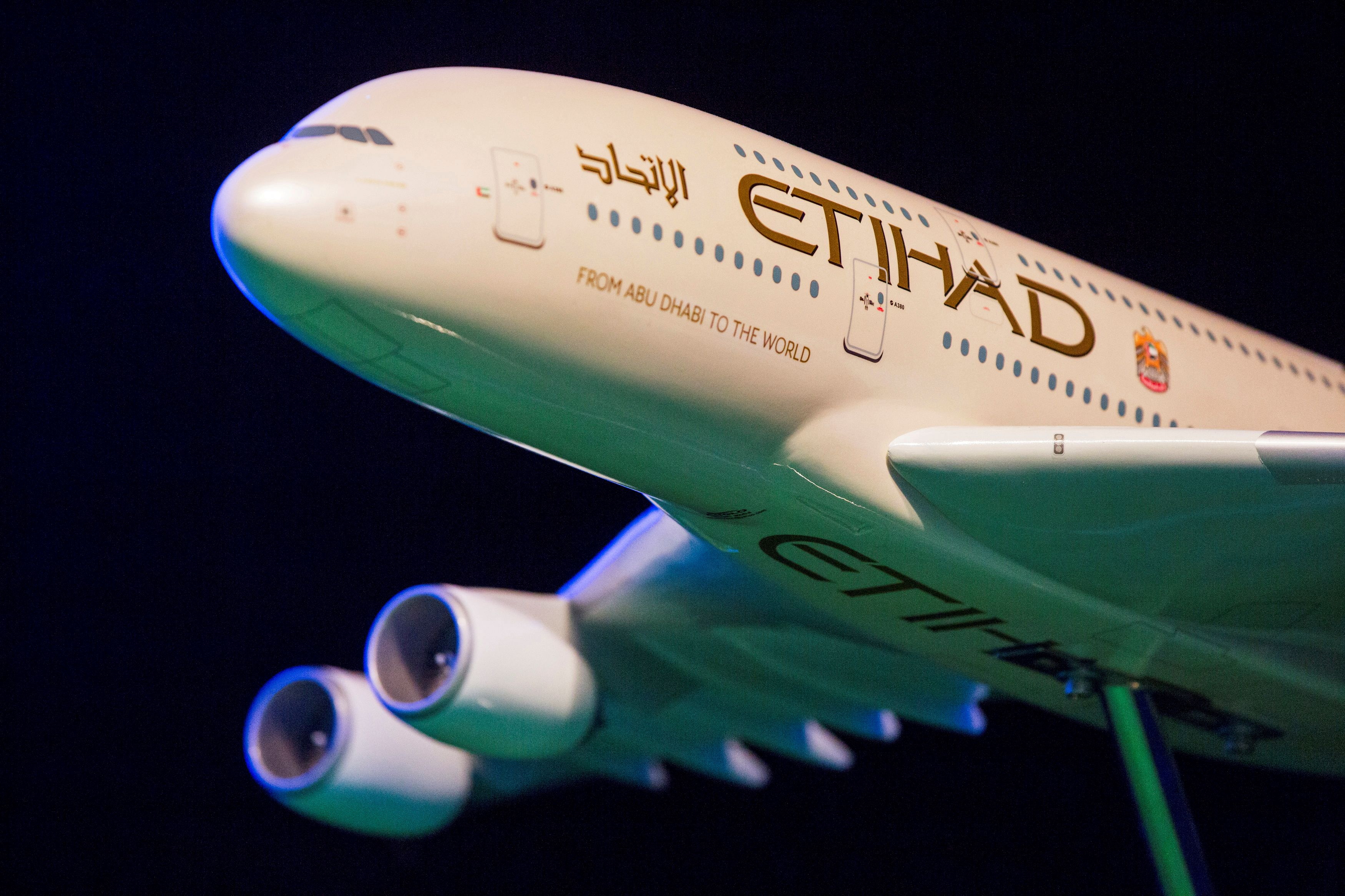 A model Etihad Airways plane is seen in New York, U.S.