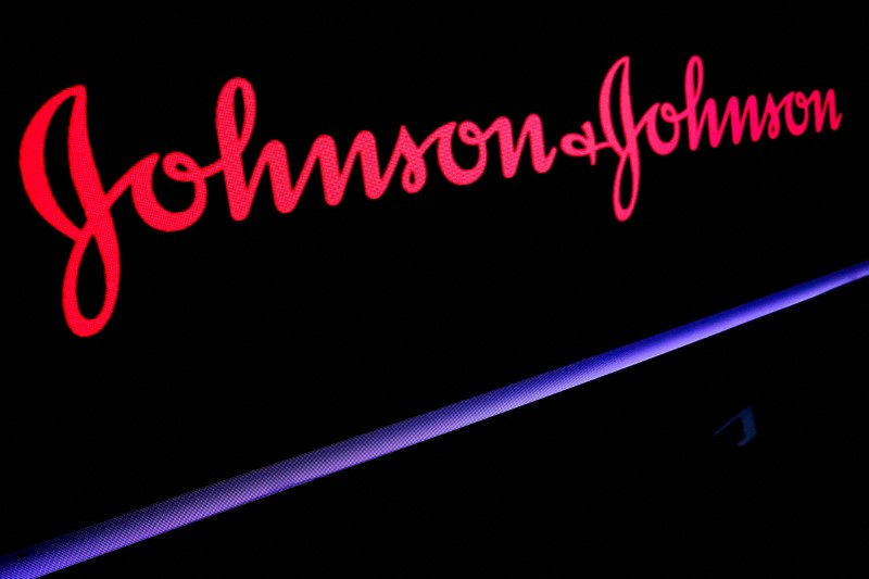 The Johnson & Johnson logo is displayed on a screen on the floor of the NYSE in New York