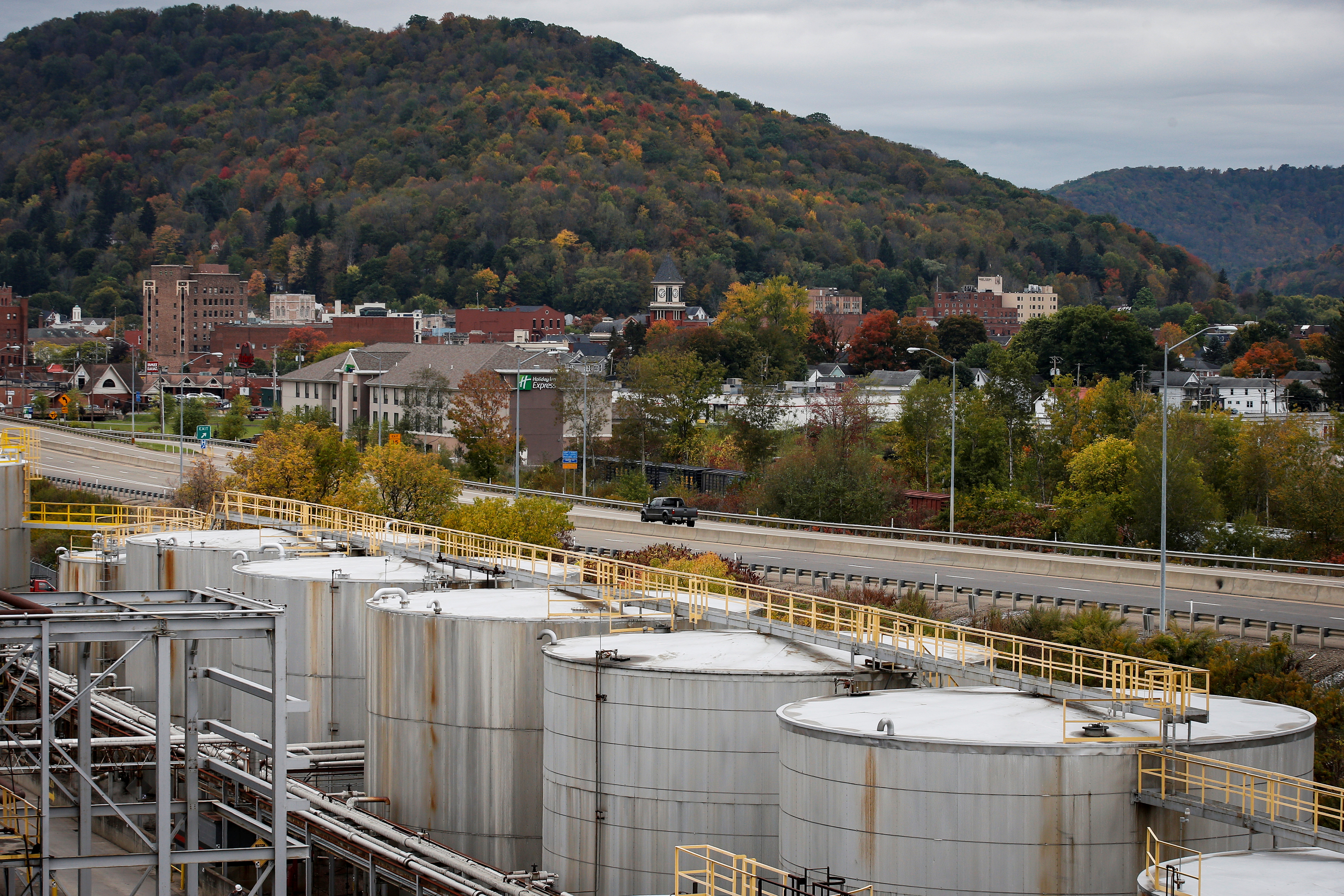 Holding tanks are seen at the American Refining Group, Inc. refinery in Bradford, Pennsylvania, United States