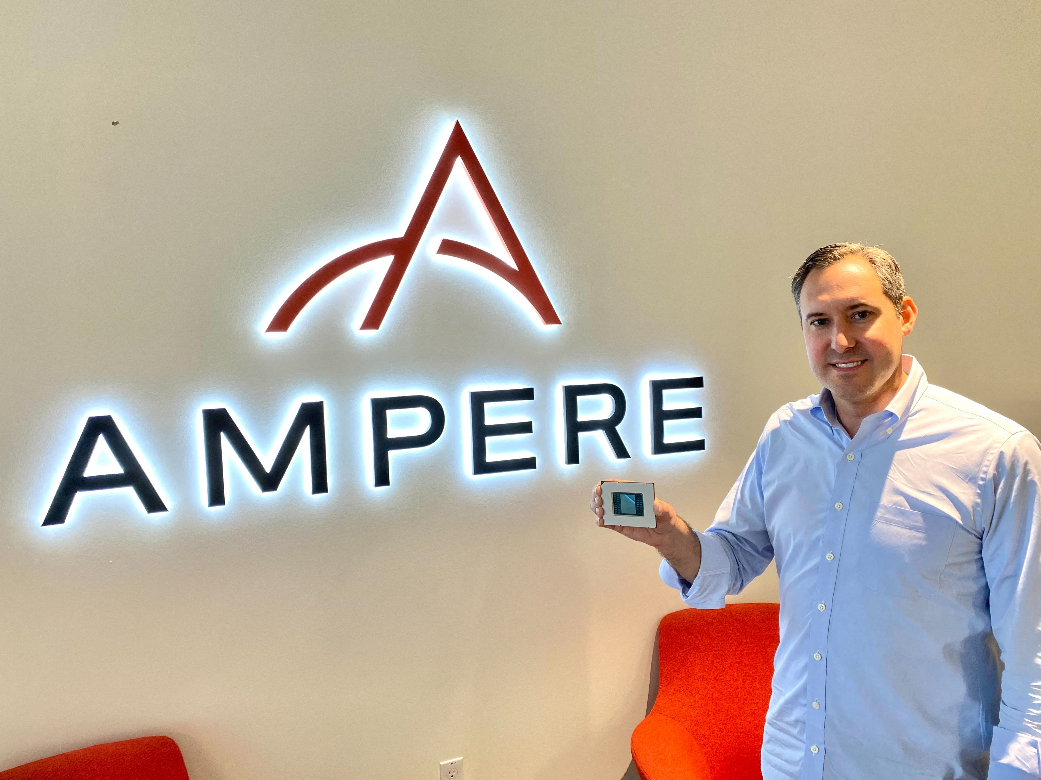 Jeff Wittich, chief product officer of Ampere Computing, holds one of the company’s chips
