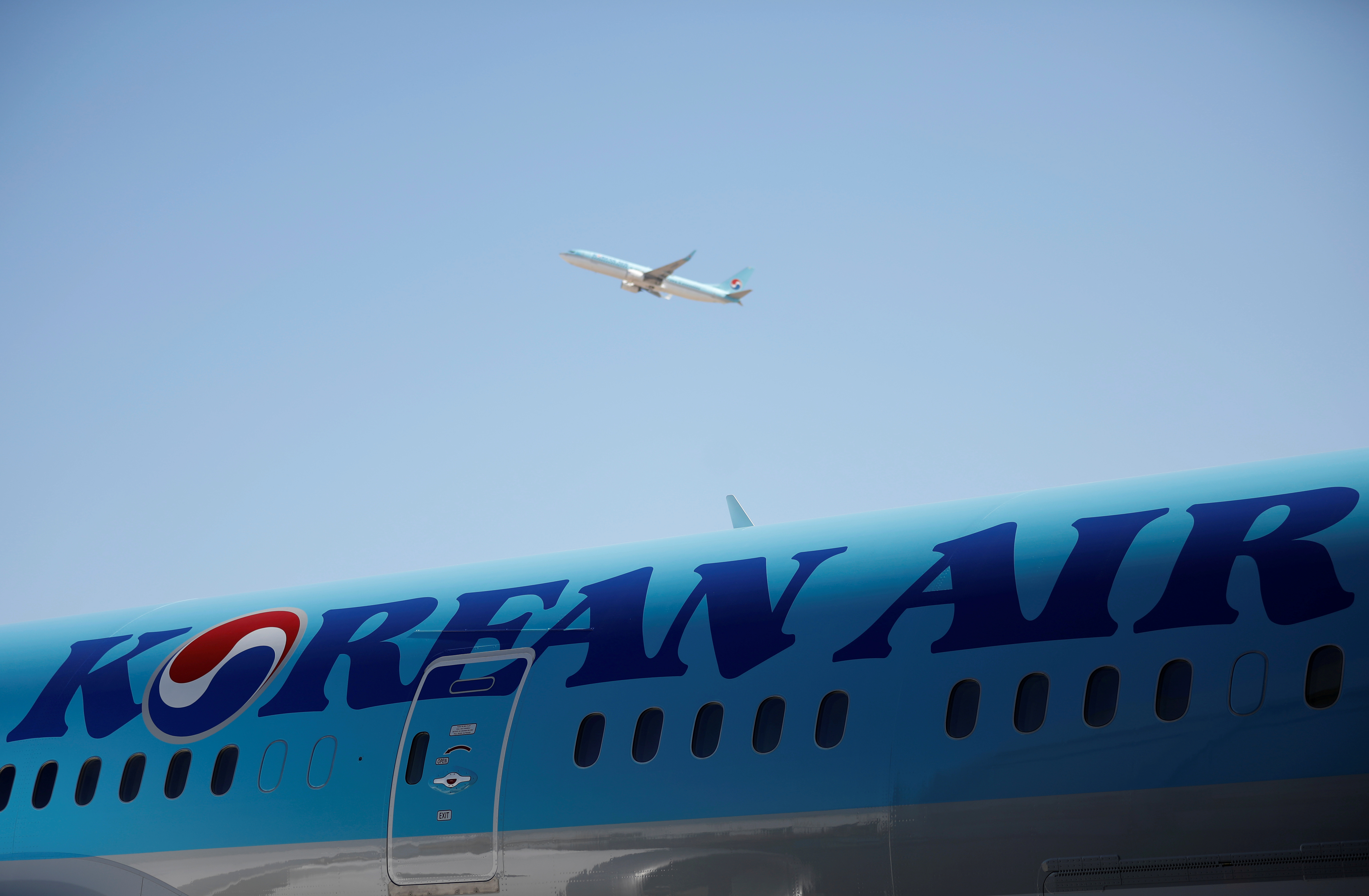 The logo of Korean Airlines is seen on a B787-9 plane at its aviation shed in Incheon, South Korea