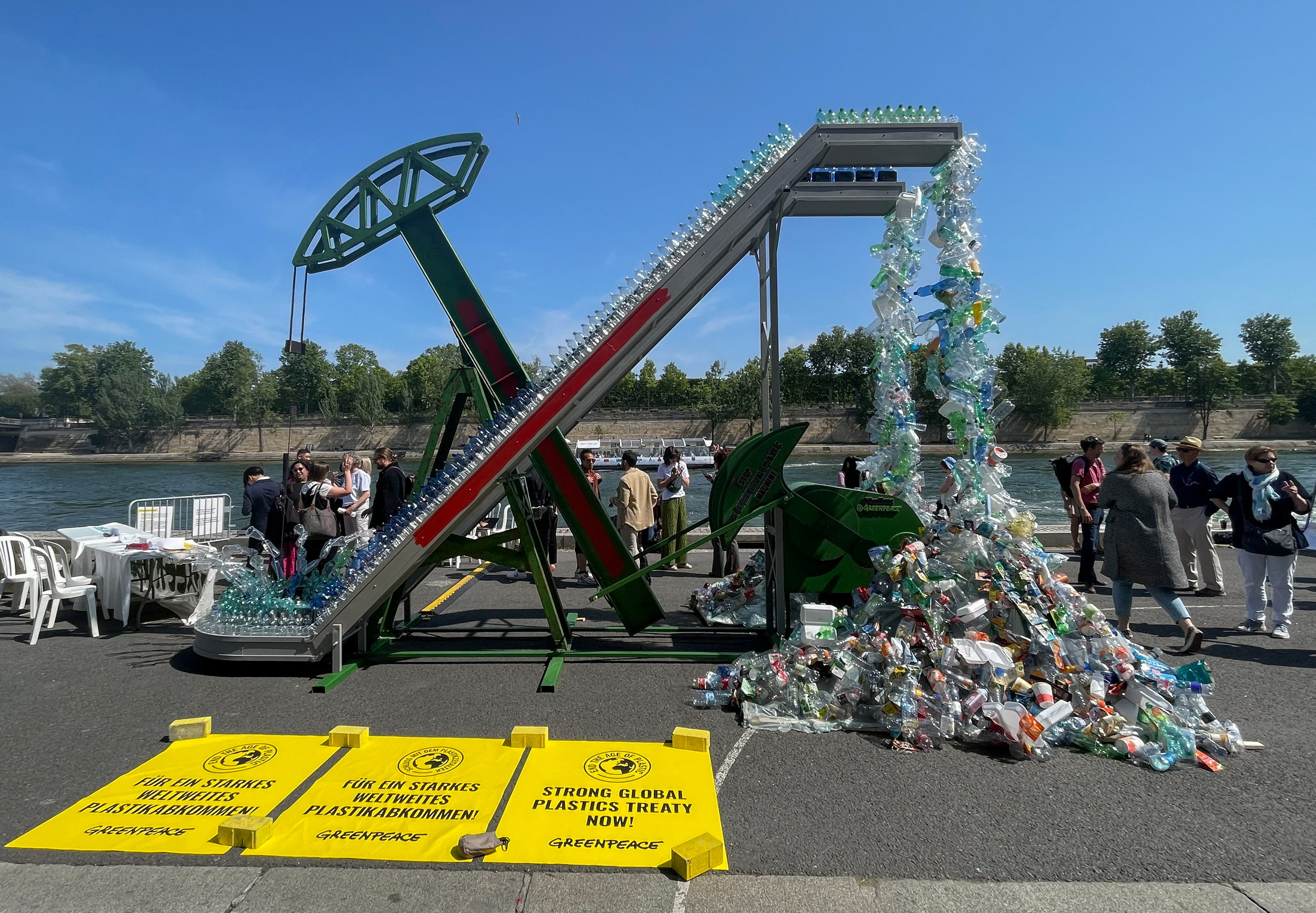 Greenpeace International unveils an art installation by artist Benjamin Von Wong, ahead of a United Nations Environment Programme summit on reducing plastic pollution, in Paris