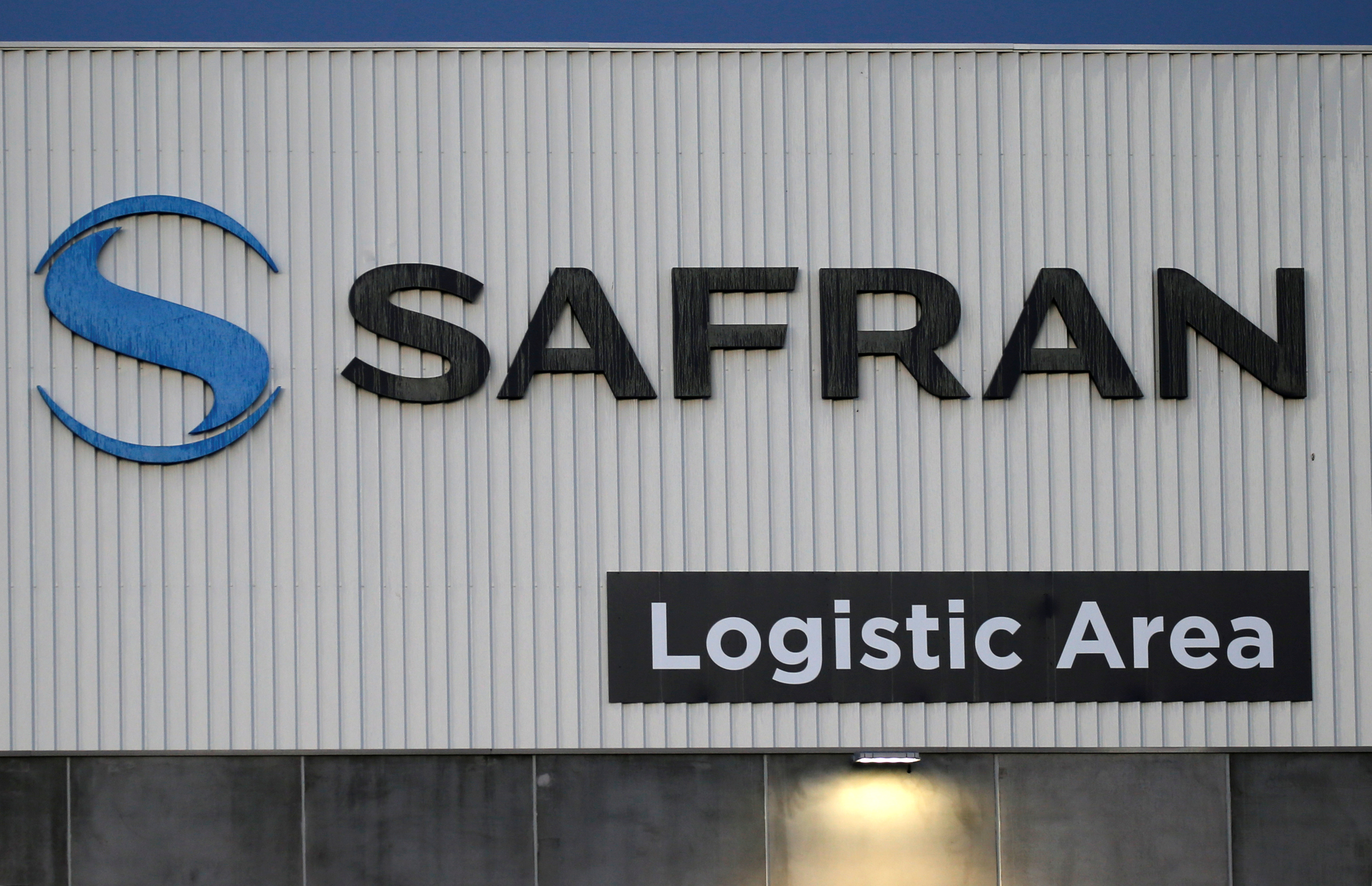 The Safran logo is pictured at the company's logistic area in Colomiers, near Toulouse