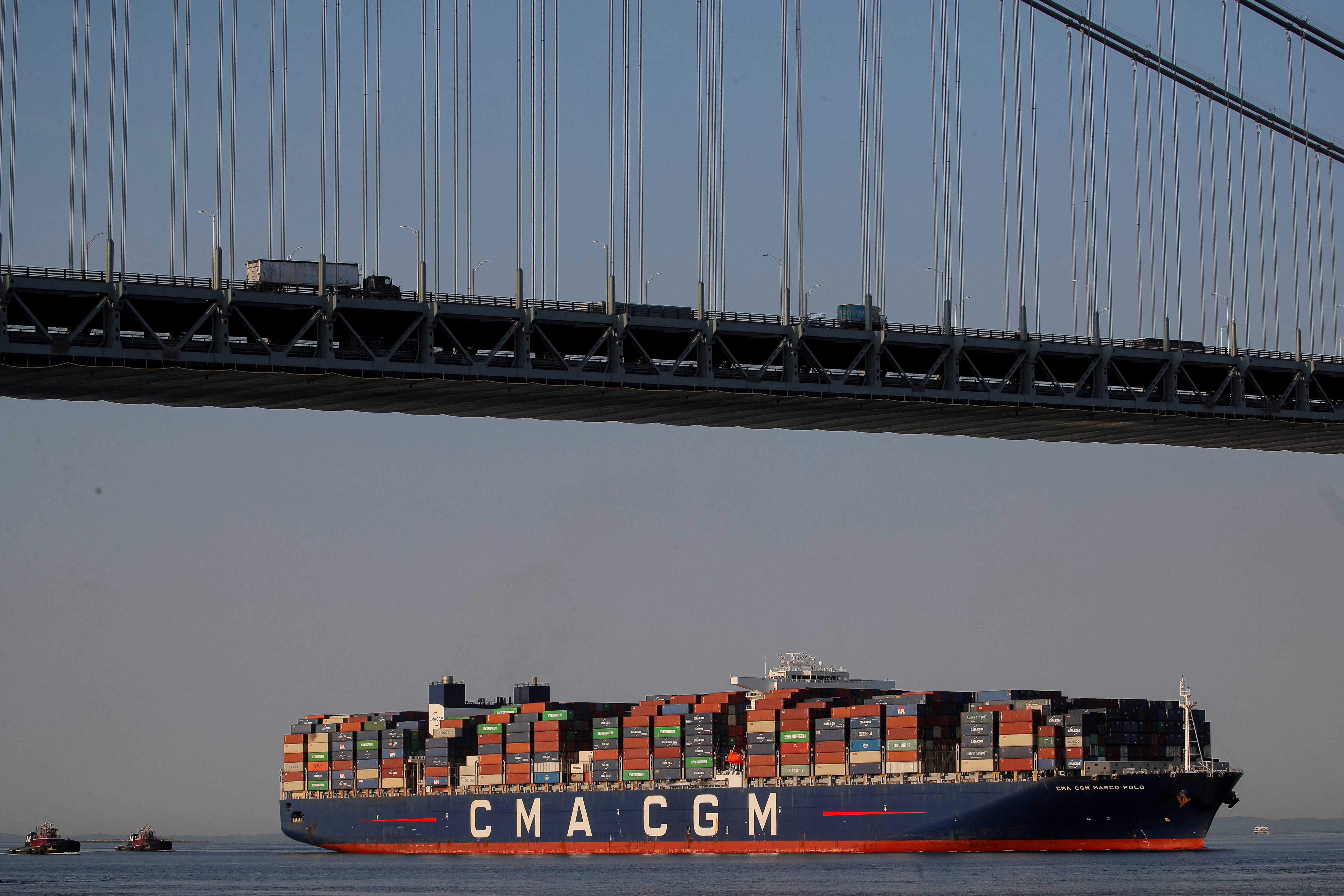 The CMA CGM Marco Polo container ship passes under the Verrazzano-Narrows Bridge, to enter New York Harbor