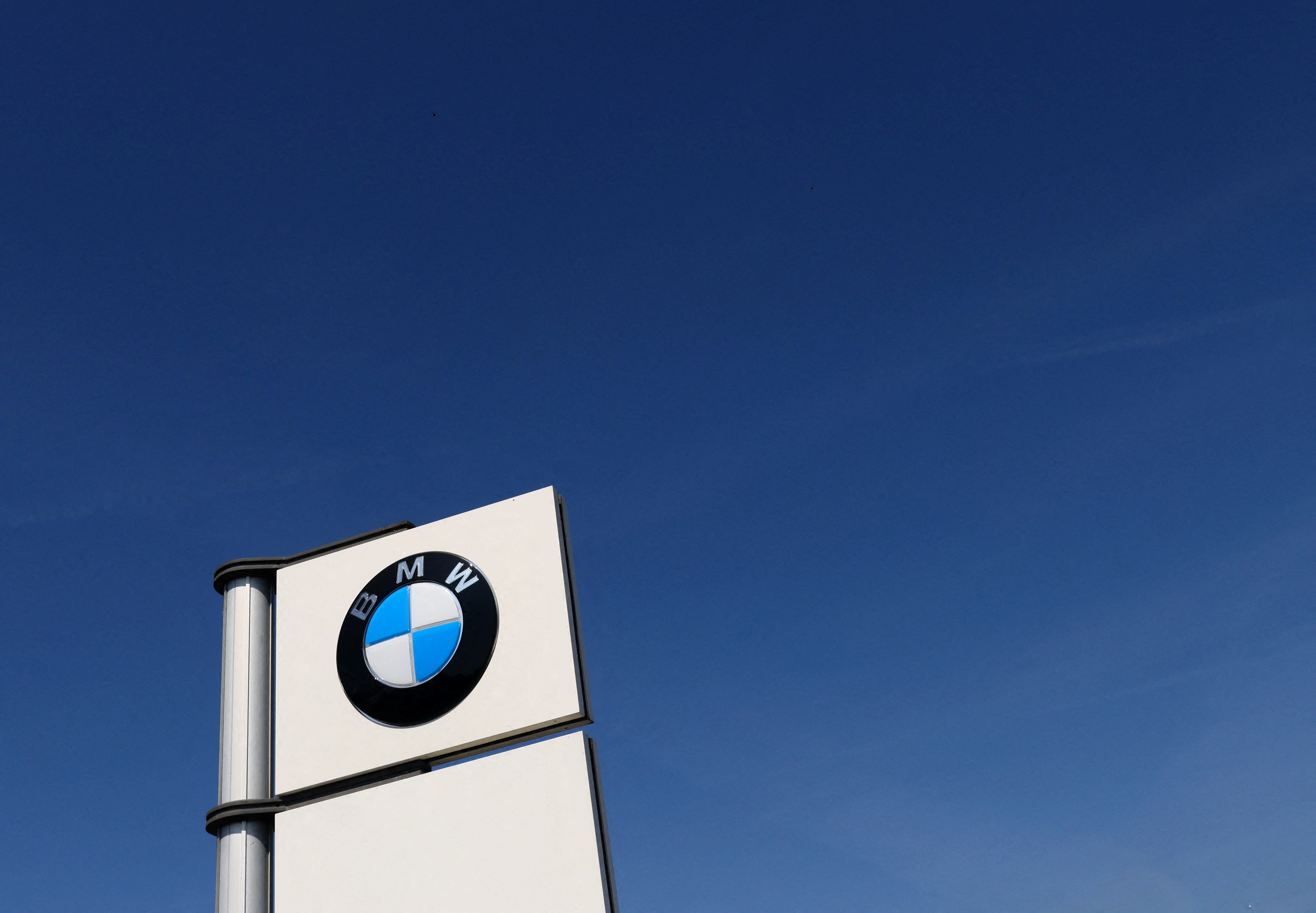The logo of German automaker BMW is seen in Brussels