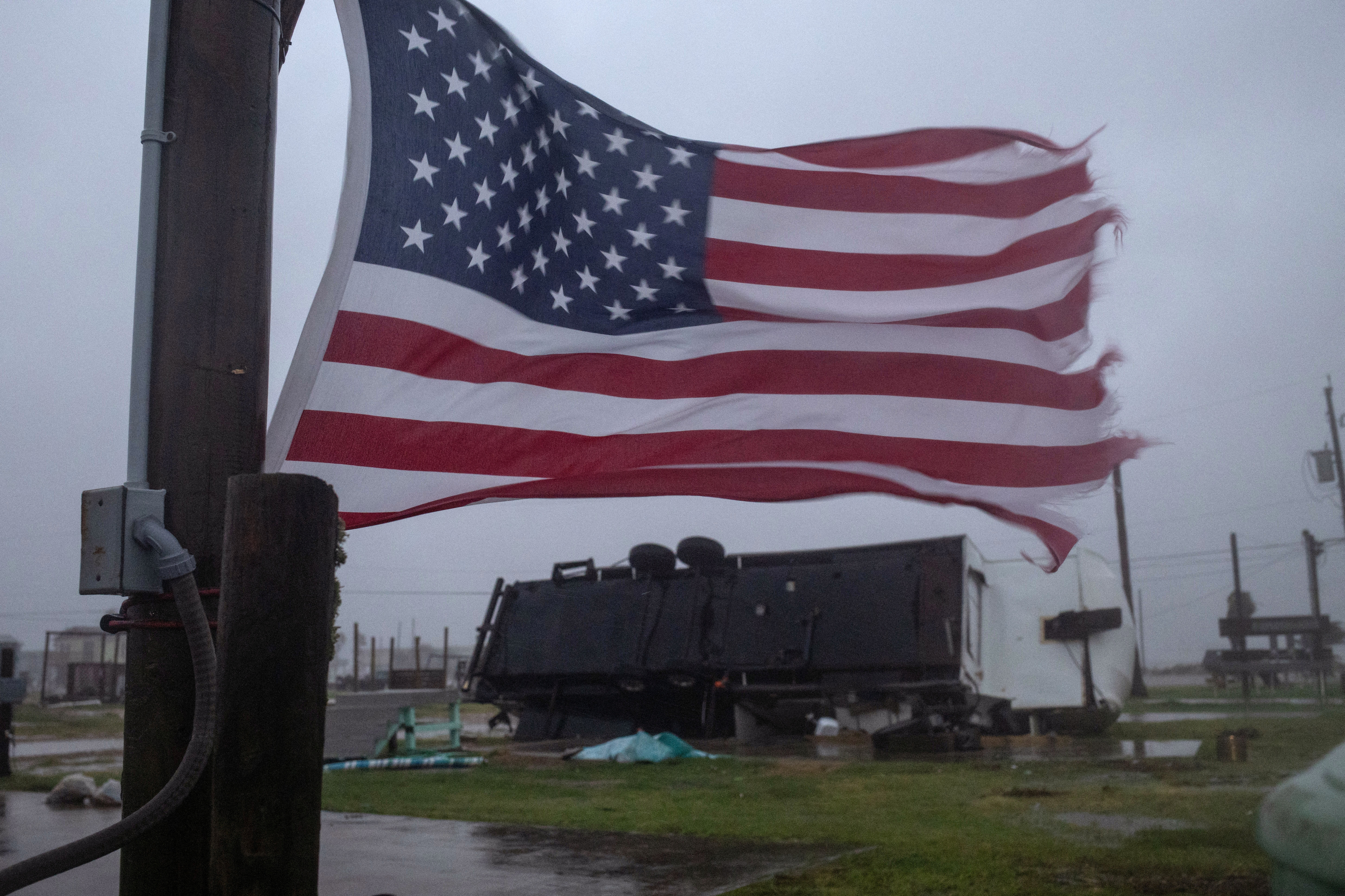 A trailer home is overturned by Hurricane Beryl winds in Surfside Beach, Texas