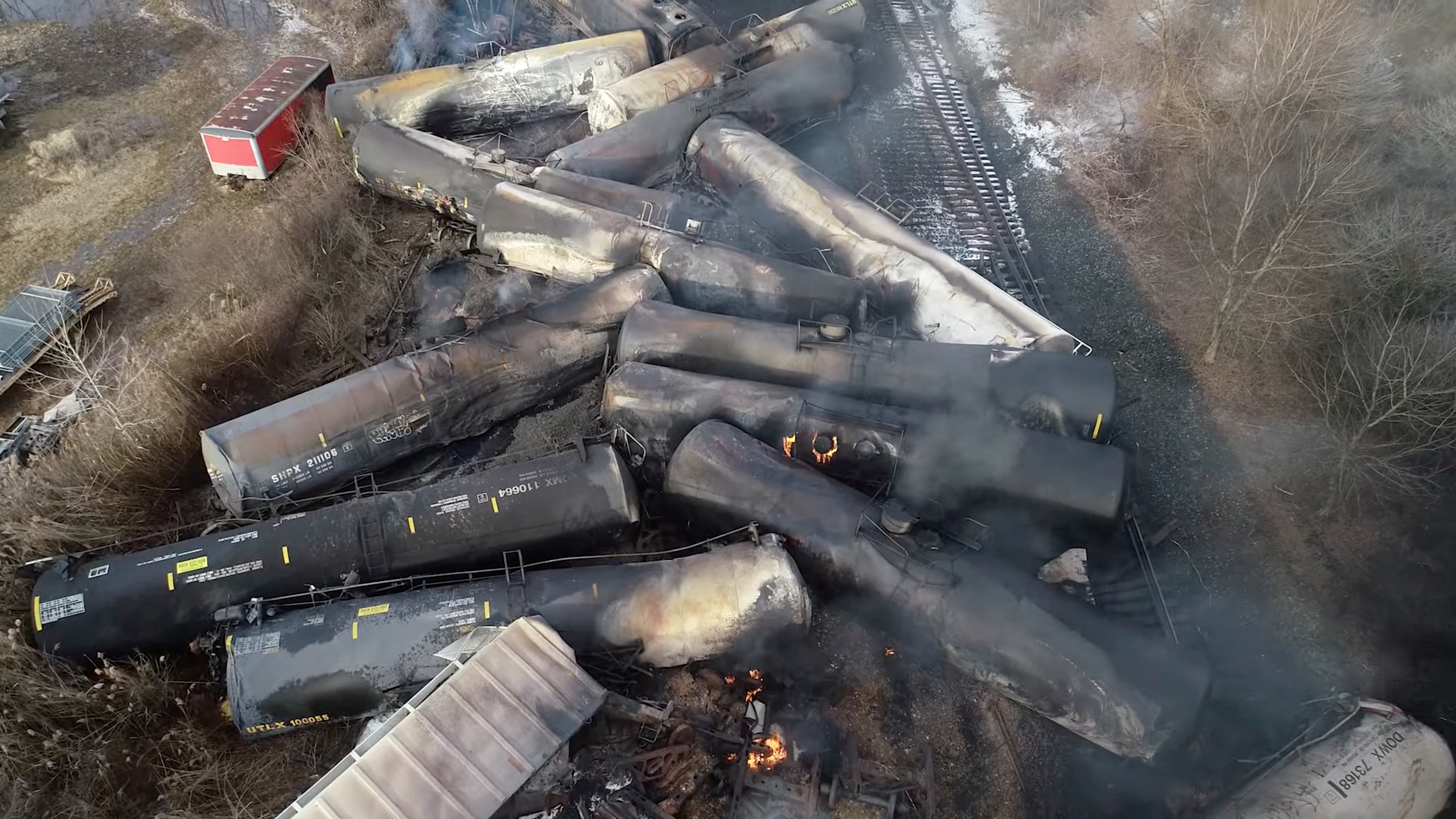 Drone footage shows the freight train derailment in East Palestine, Ohio