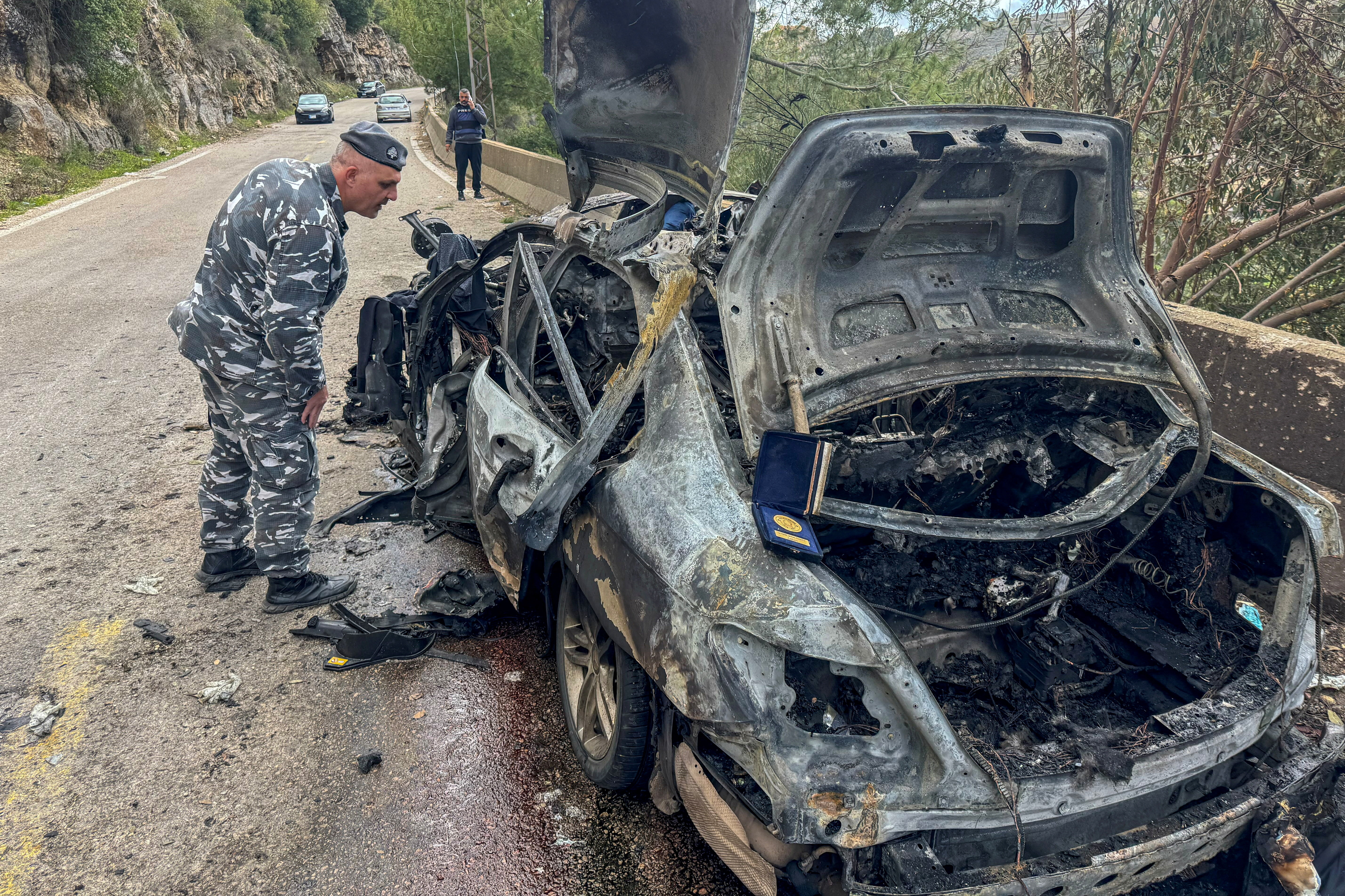Destroyed press vehicle after Israeli airstrike in Jezzine southern Lebanon March 28 2026 – charred remains of the car that killed three Lebanese journalists