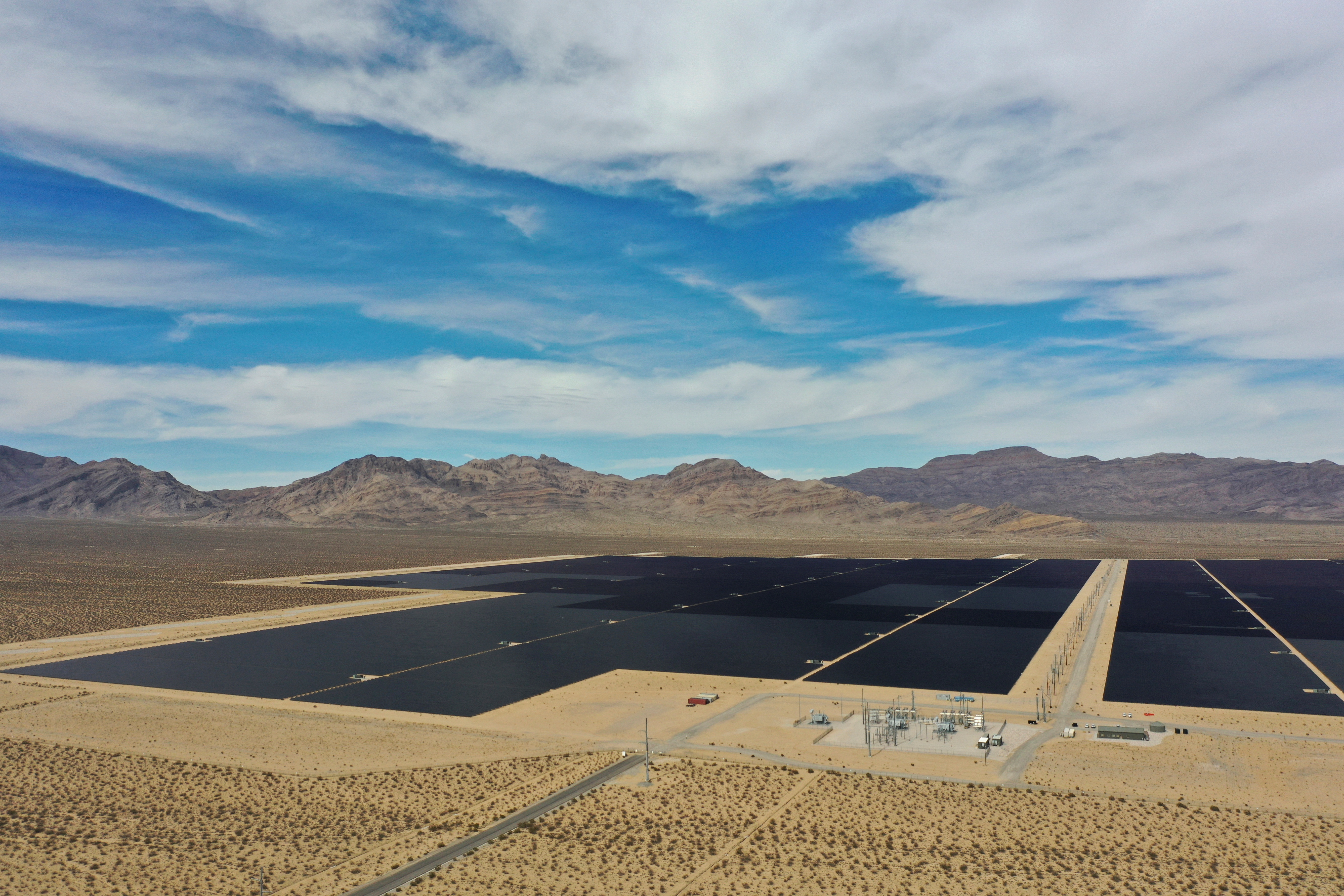 An aerial view of the Desert Stateline Solar Facility in San Bernardino County