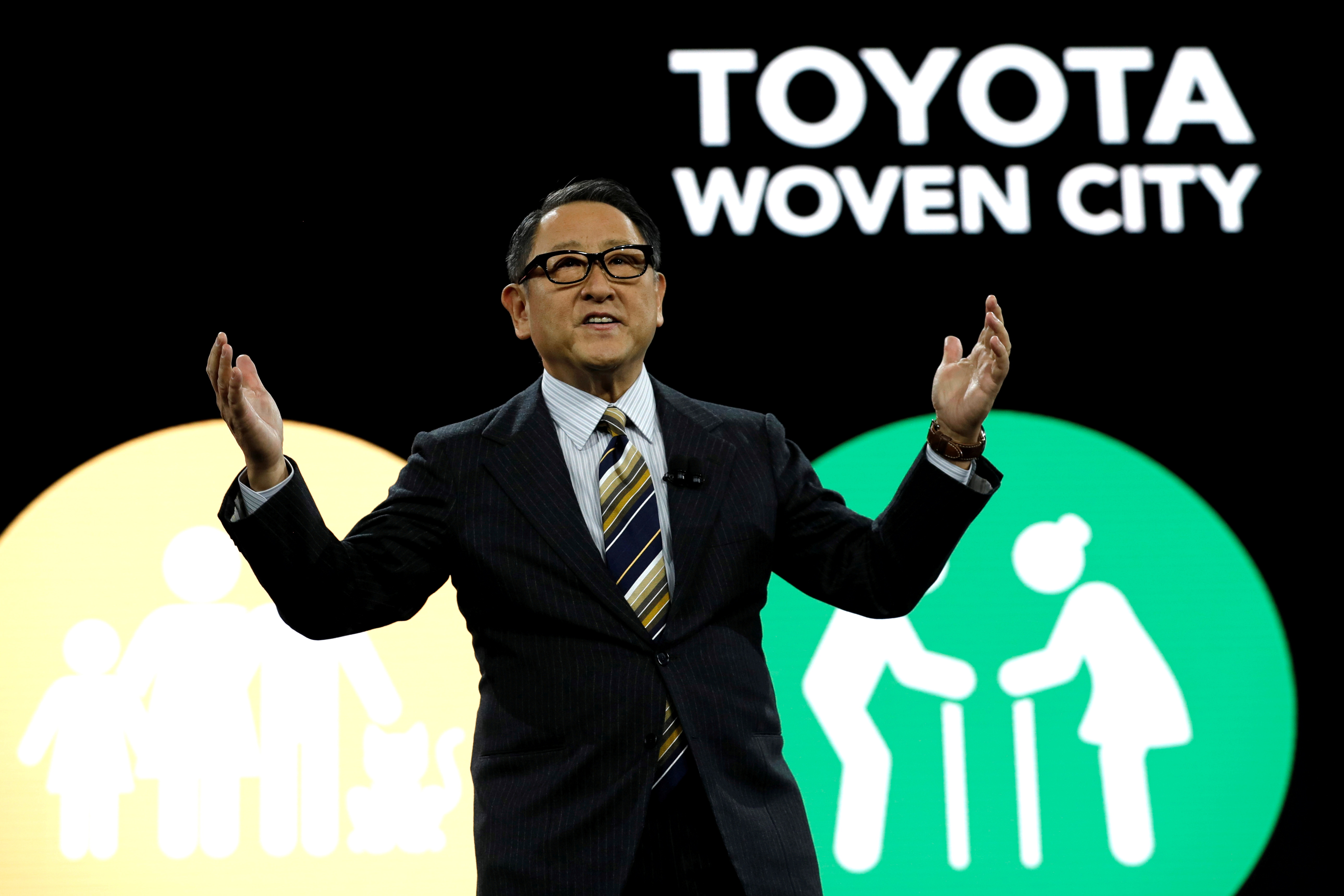 Akio Toyoda, president of Toyota Motor Corporation, speaks at a news conference, where he announced Toyota's plans to build a prototype city of the future in Japan