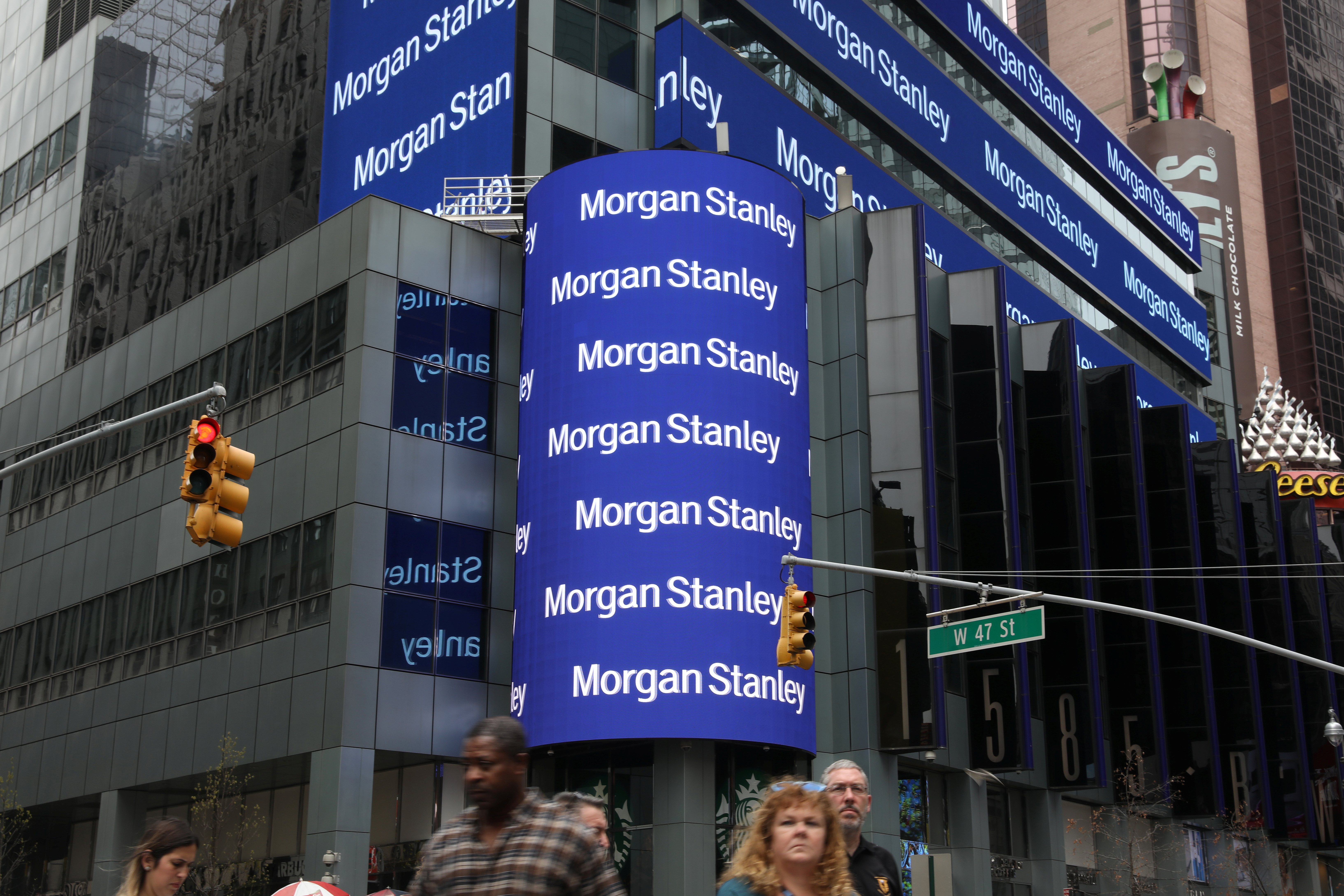 The corporate logo of financial firm Morgan Stanley is pictured on the company's world headquarters in New York