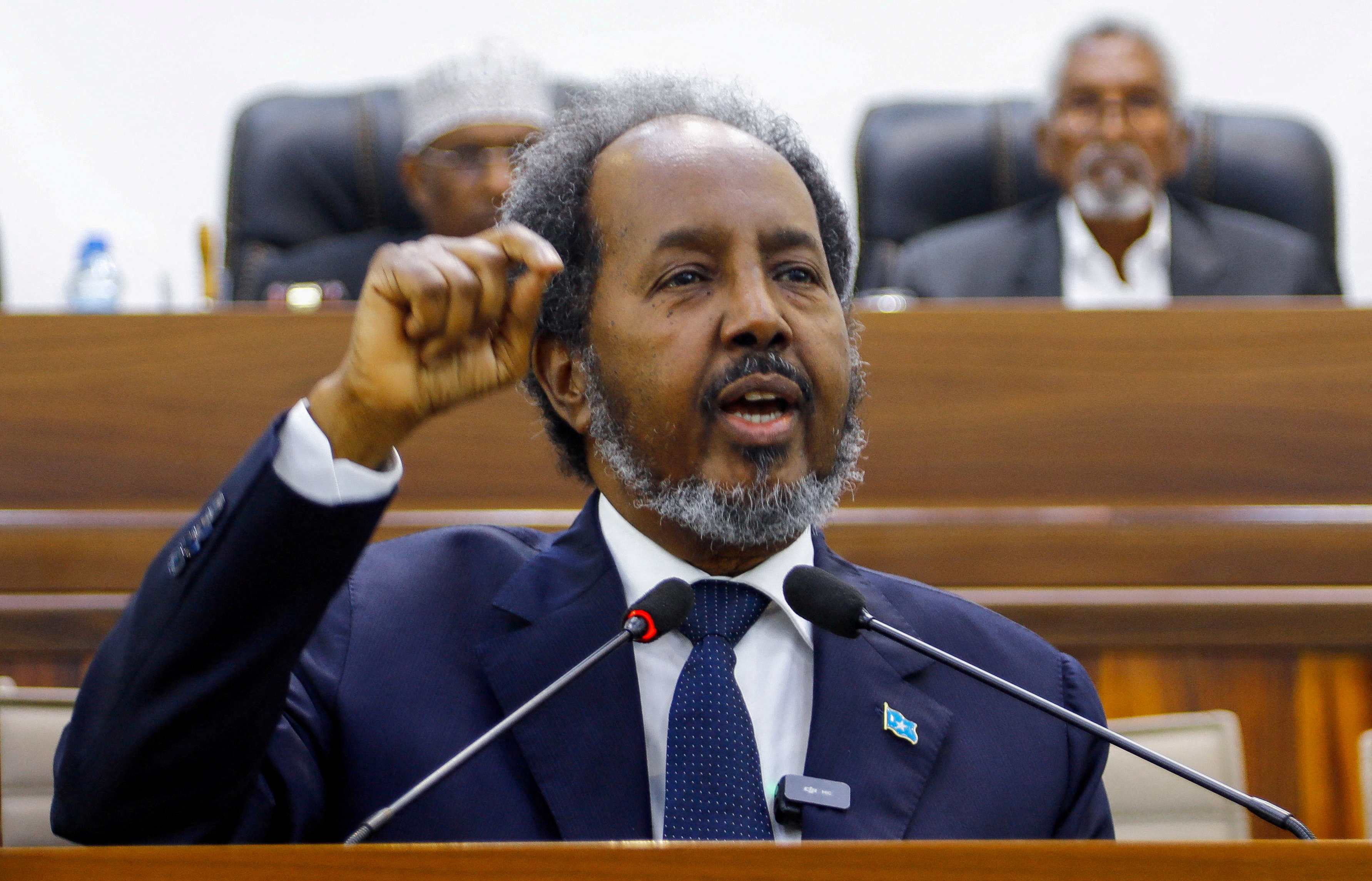 Somalia's President Hassan Sheikh Mohamud addresses the parliament regarding the Ethiopia-Somaliland port deal, in Mogadishu