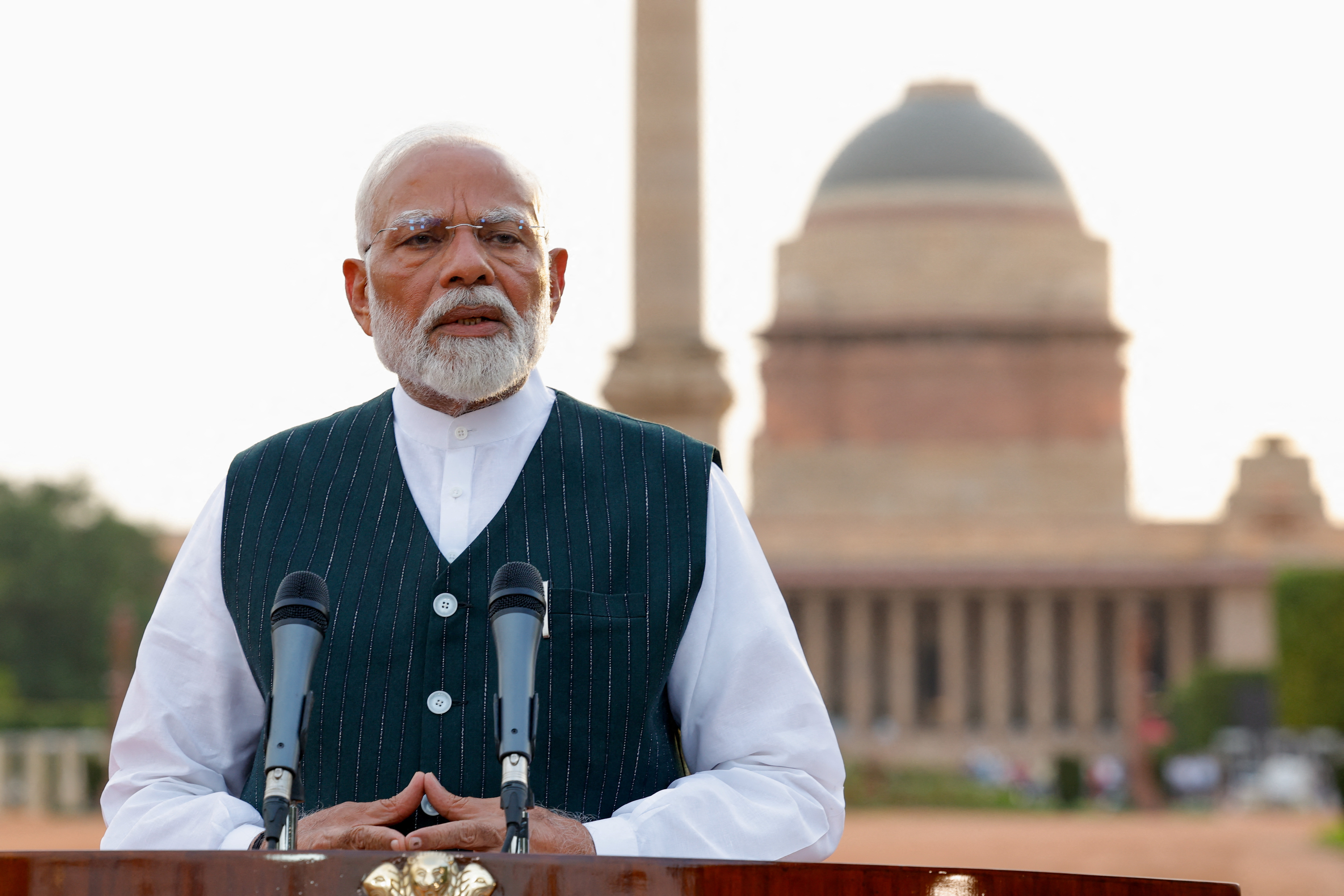 India's Prime Minister Narendra Modi addresses the media after his meeting with President Droupadi Murmu