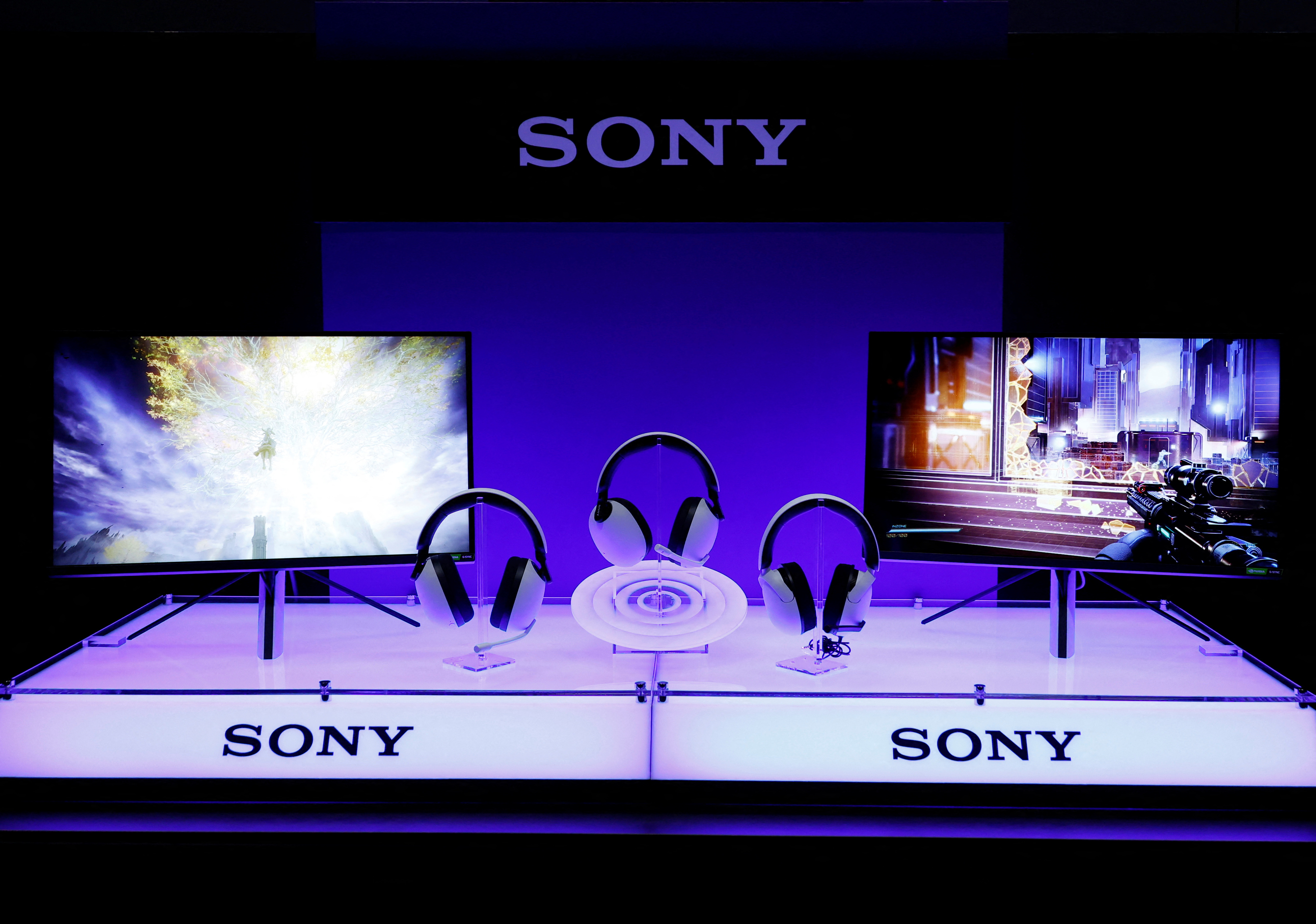 Sony Group Corp's new line of headphones and monitors targeting the growing PC market for video games, the Inzone line, is displayed during its unveiling in Tokyo