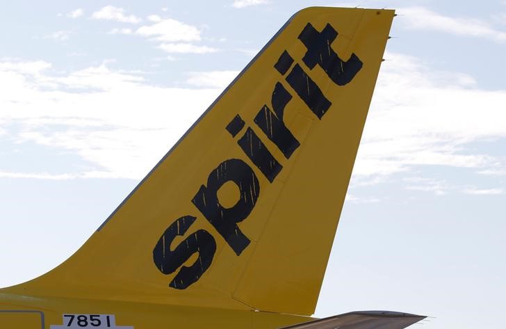 A logo of low cost carrier Spirit Airlines is pictured on an Airbus plane in Colomiers near Toulouse
