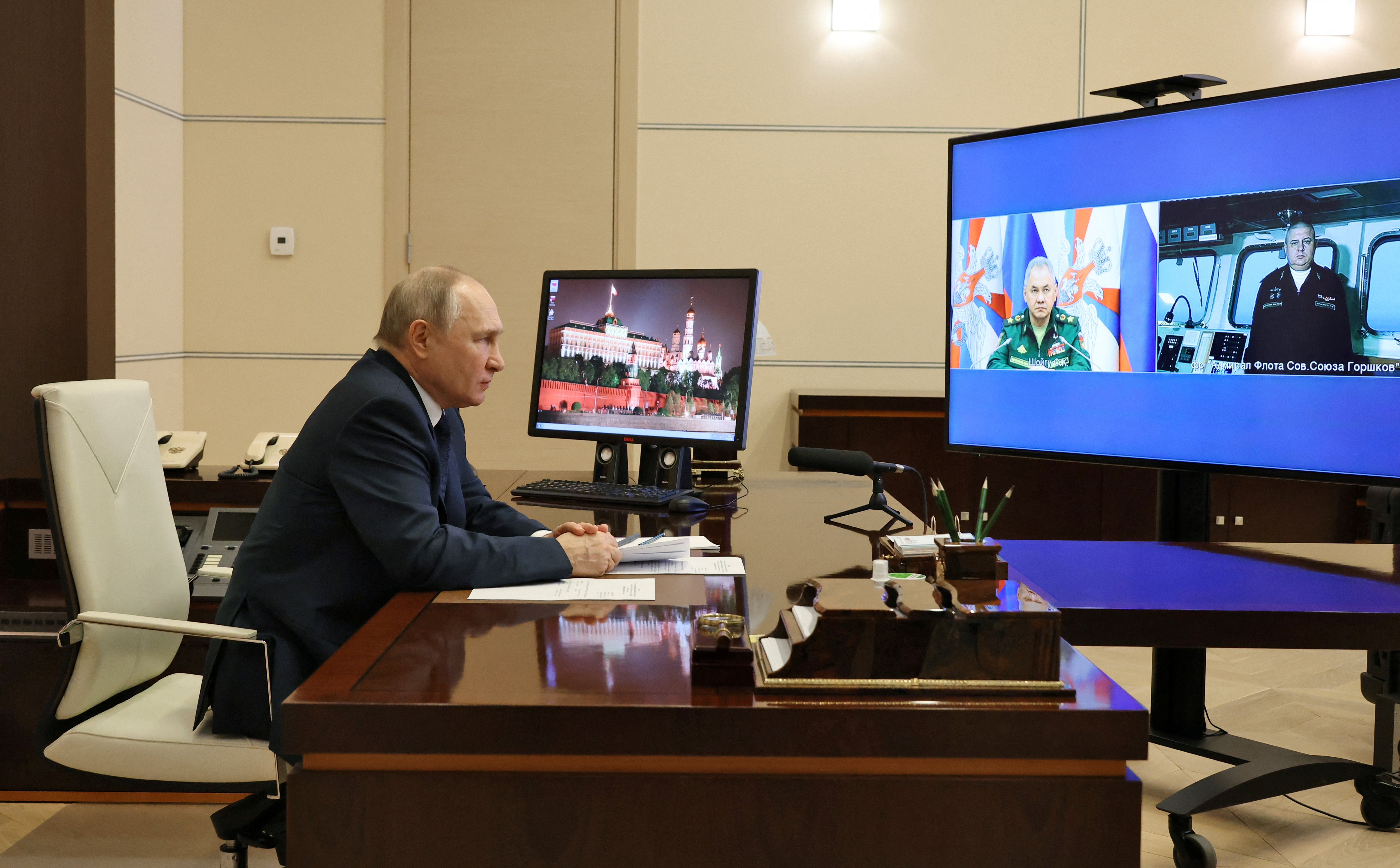 Russian President Vladimir Putin attends a ceremony to launch the Admiral Gorshkov frigate to the combat mission, via video link in Moscow