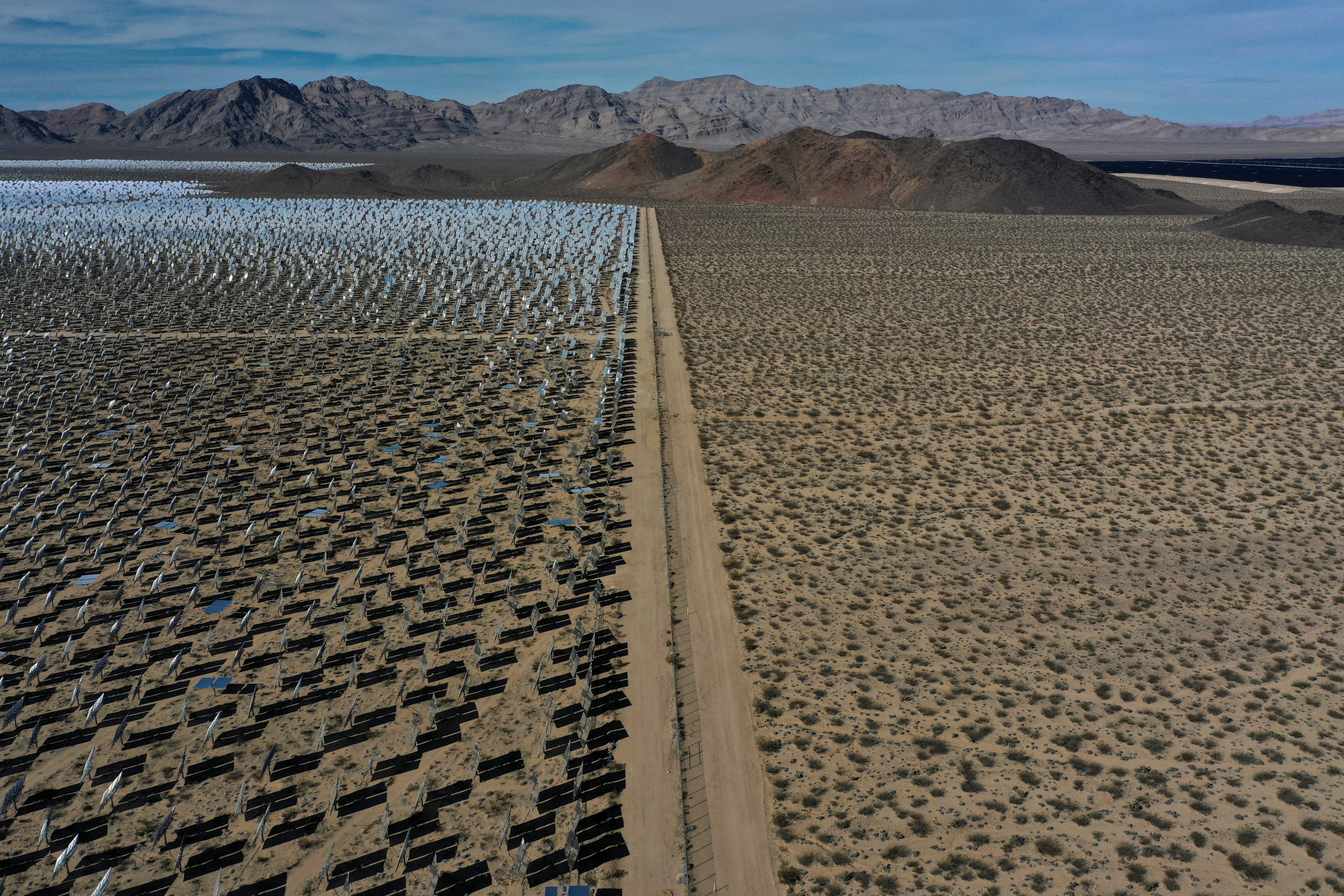 An aerial view of the Ivanpah Solar Electric Generating System in San Bernardino County