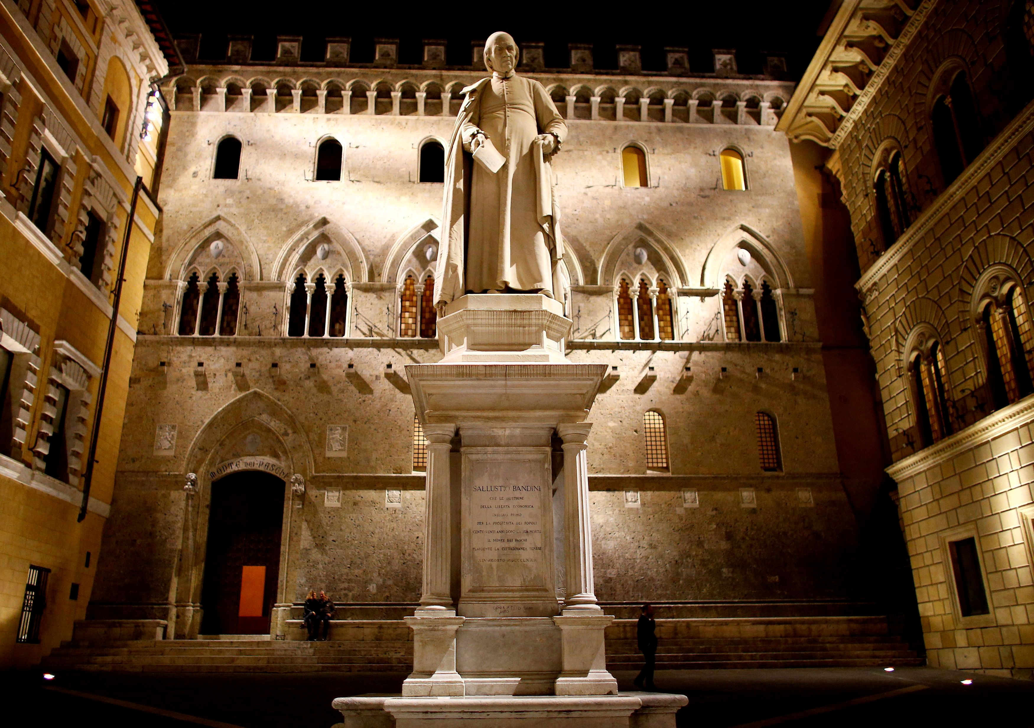 The entrance of Monte dei Paschi bank headquarters in downtown Siena