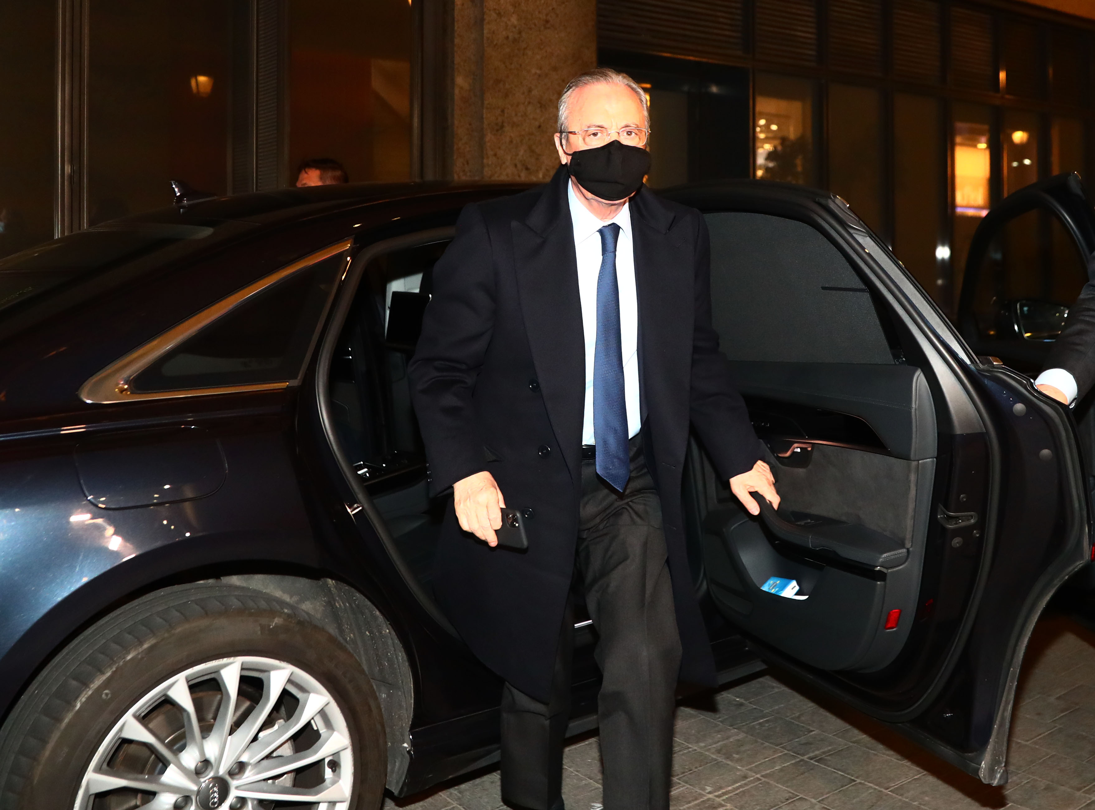 Real Madrid president Florentino Perez arrives at a radio station in Madrid