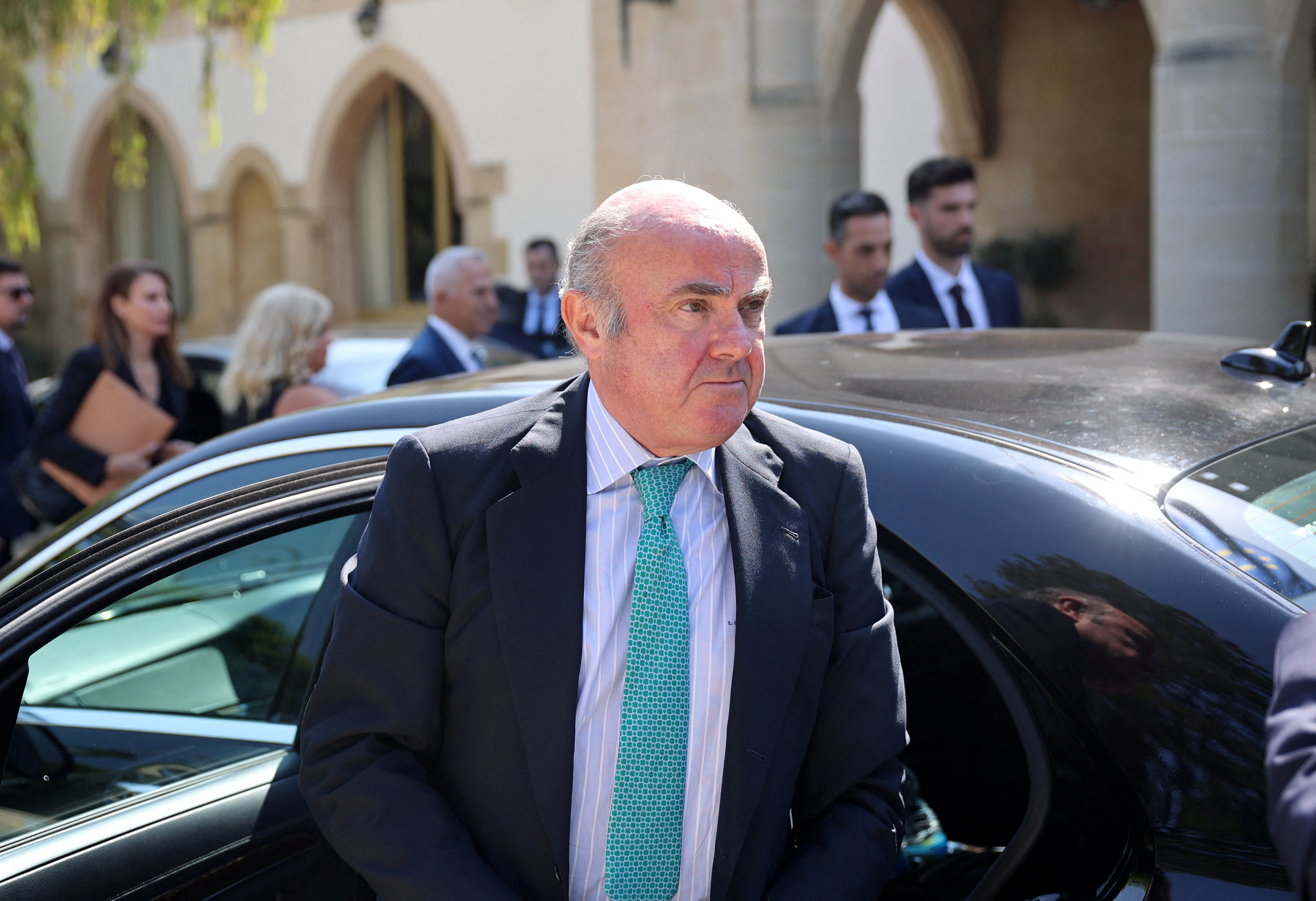 European Central Bank (ECB) Vice-President Luis de Guindos arrives at the Presidential Palace for a meeting with Cyprus President Nikos Christodoulides in Nicosia