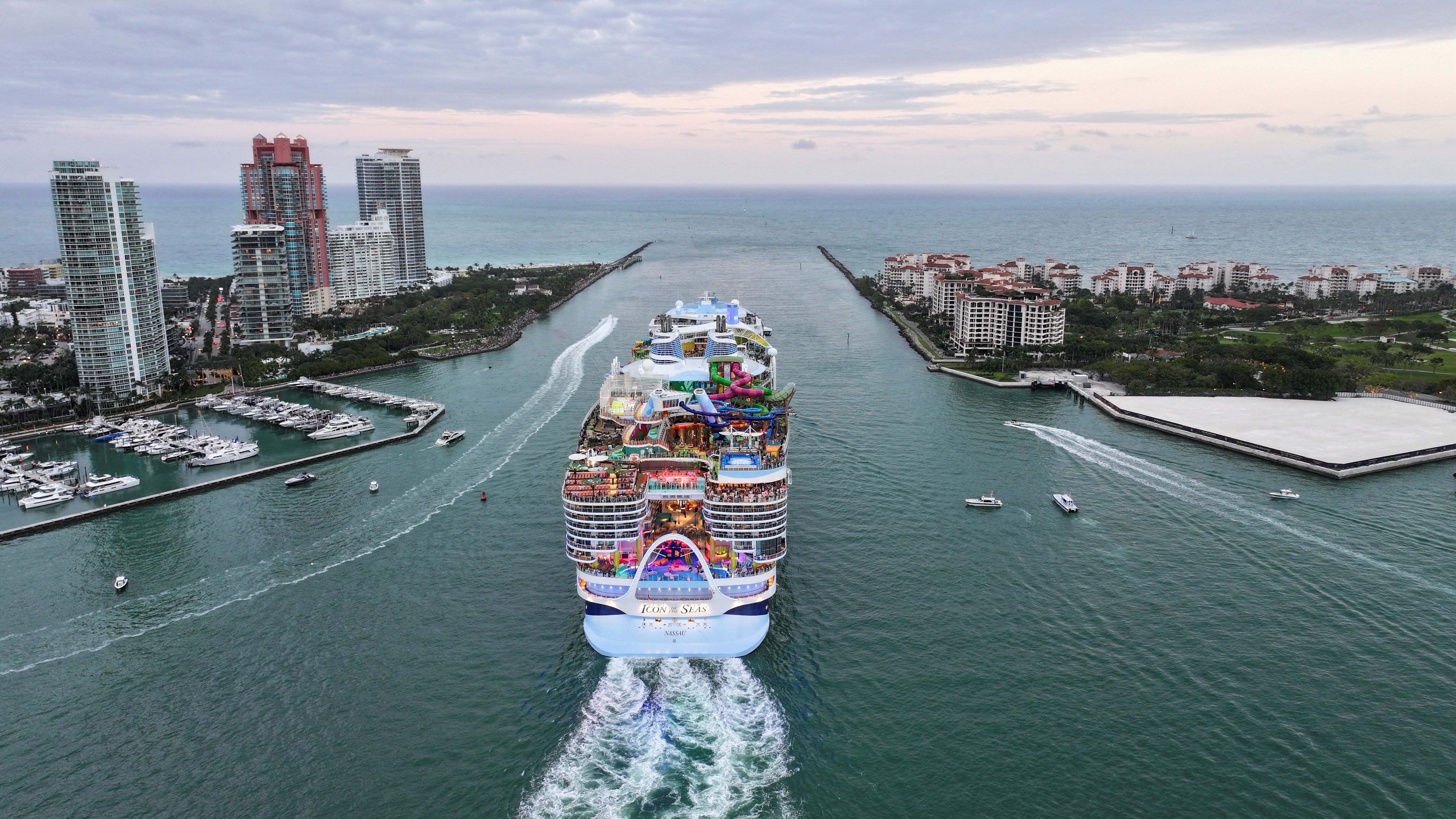 Royal Caribbean's Icon of the Seas, the largest cruise ship, in the world sets sail for its inaugural voyage with passengers, in Miami