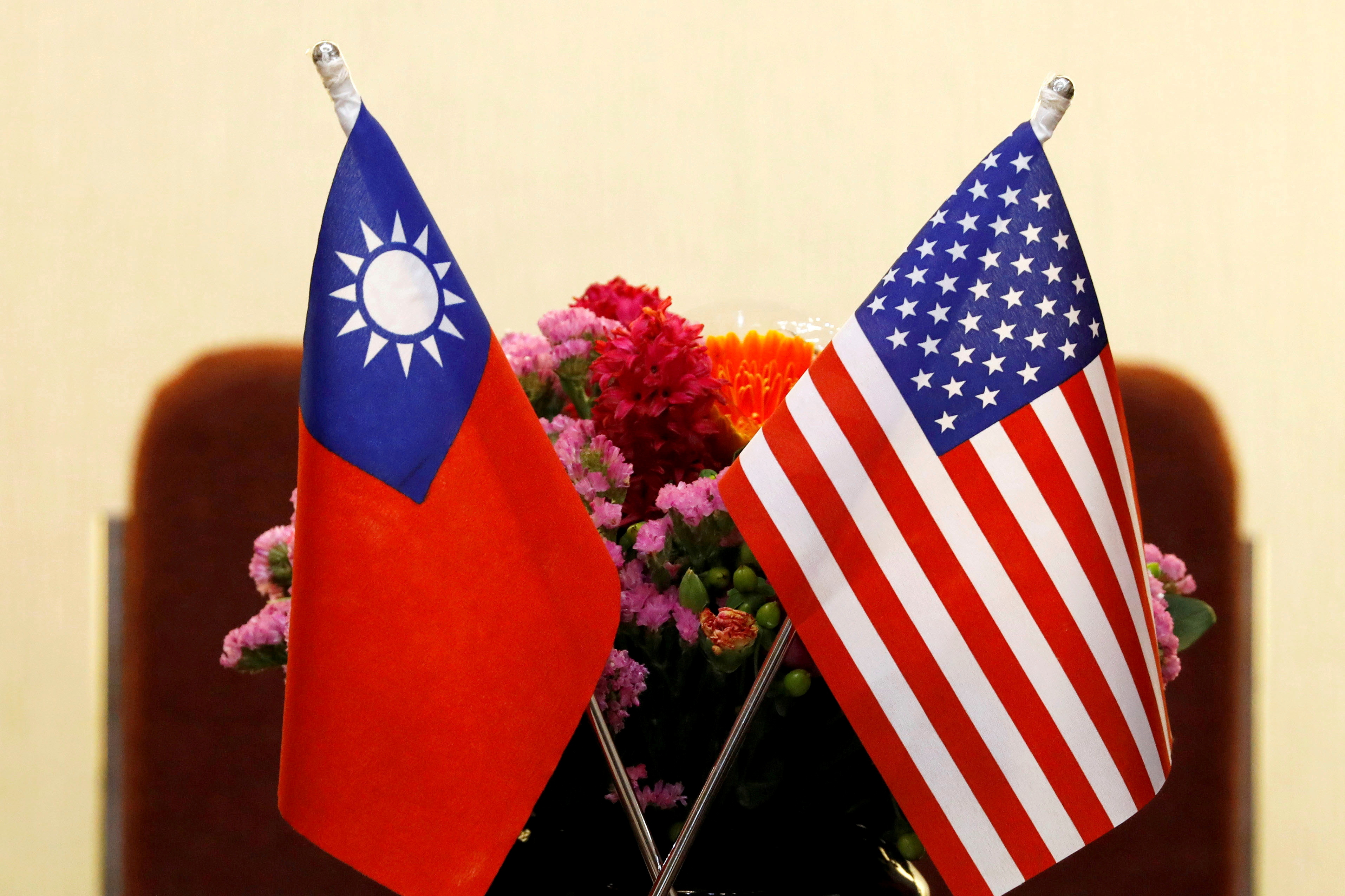 Flags of Taiwan and United States are placed for a meeting in Taipei