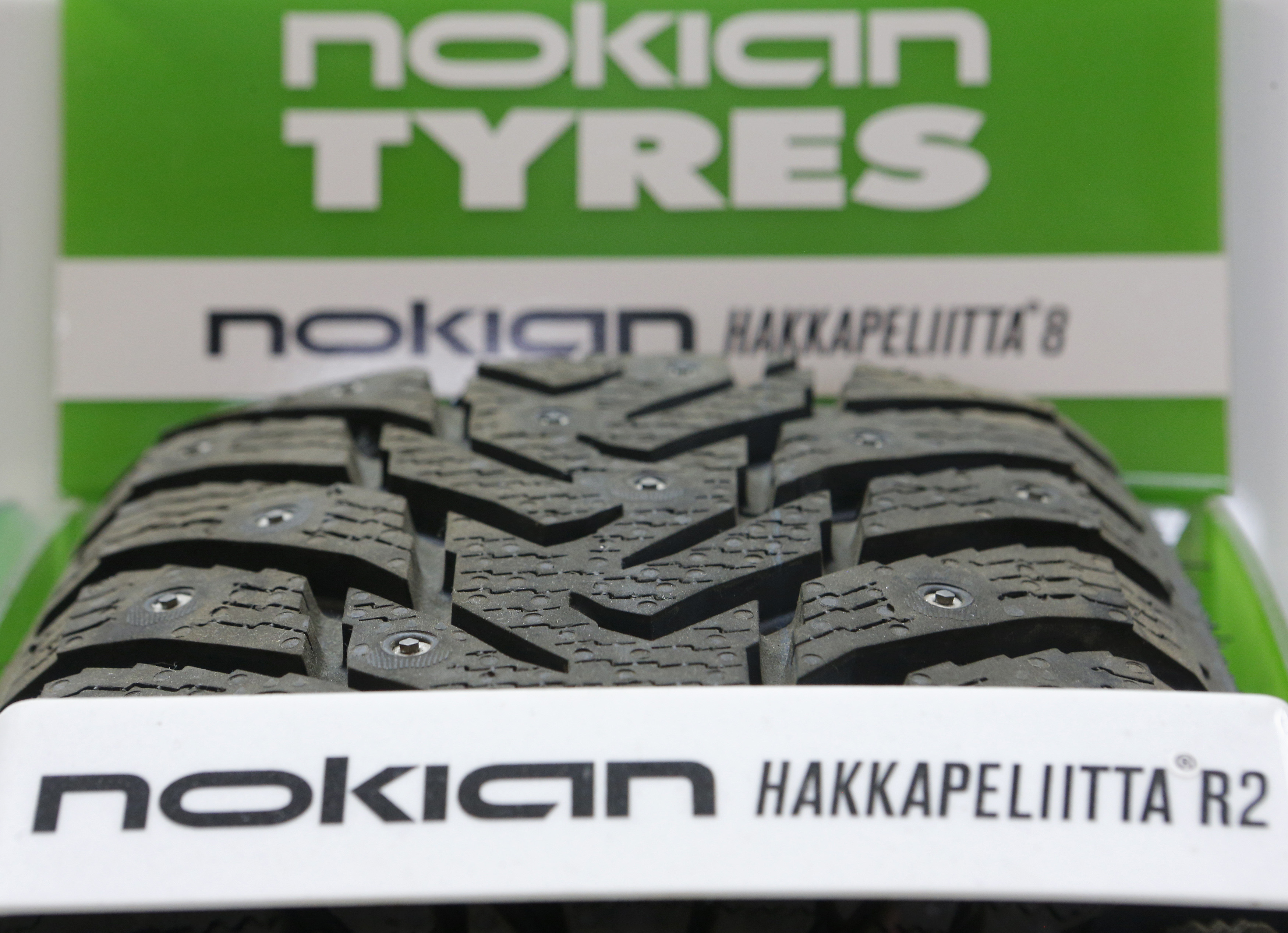 A Nokian tyre is on display at a tyre assembling centre and shop in Moscow