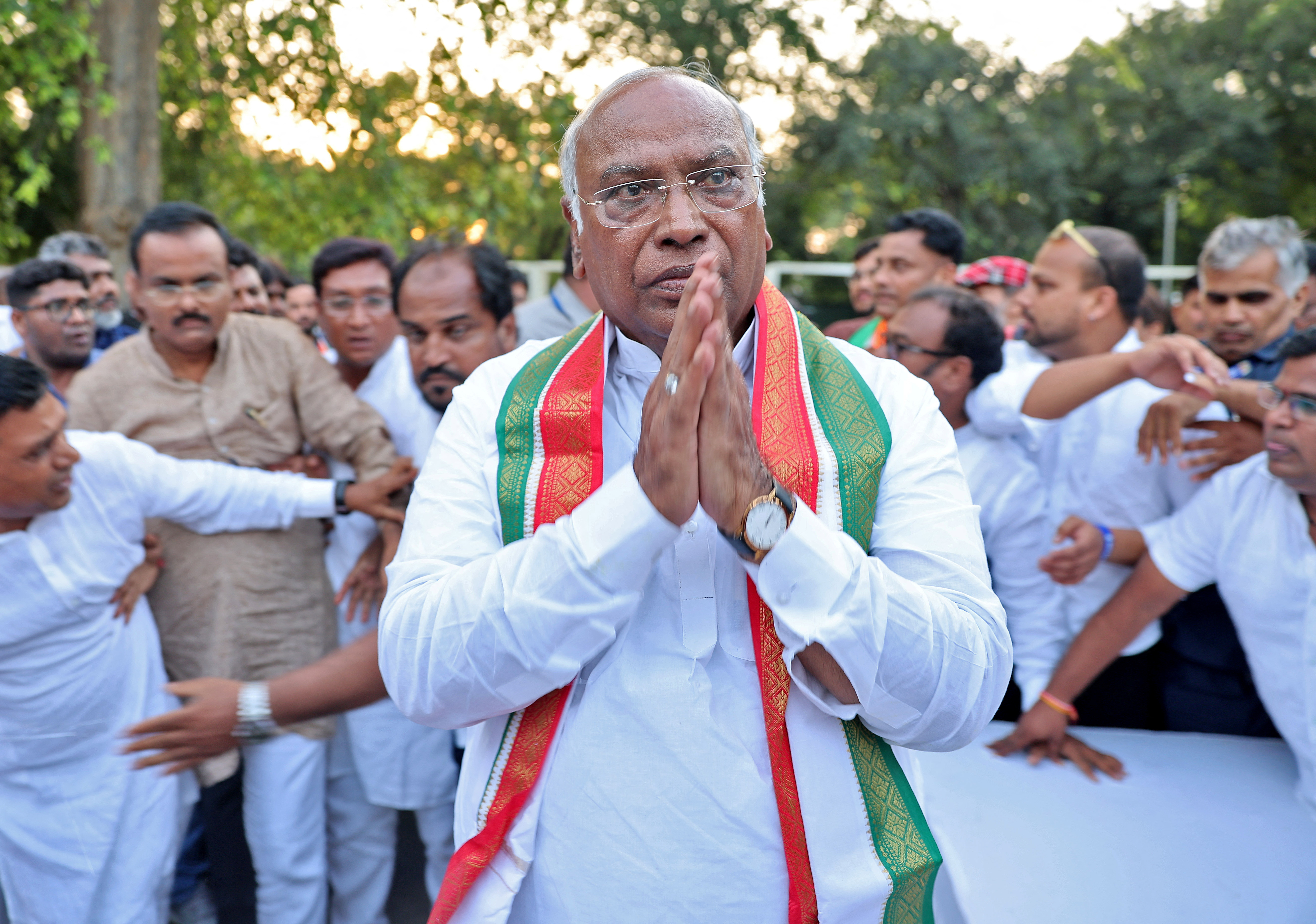 Mallikarjun Kharge greets his supporters at his residence in New Delhi