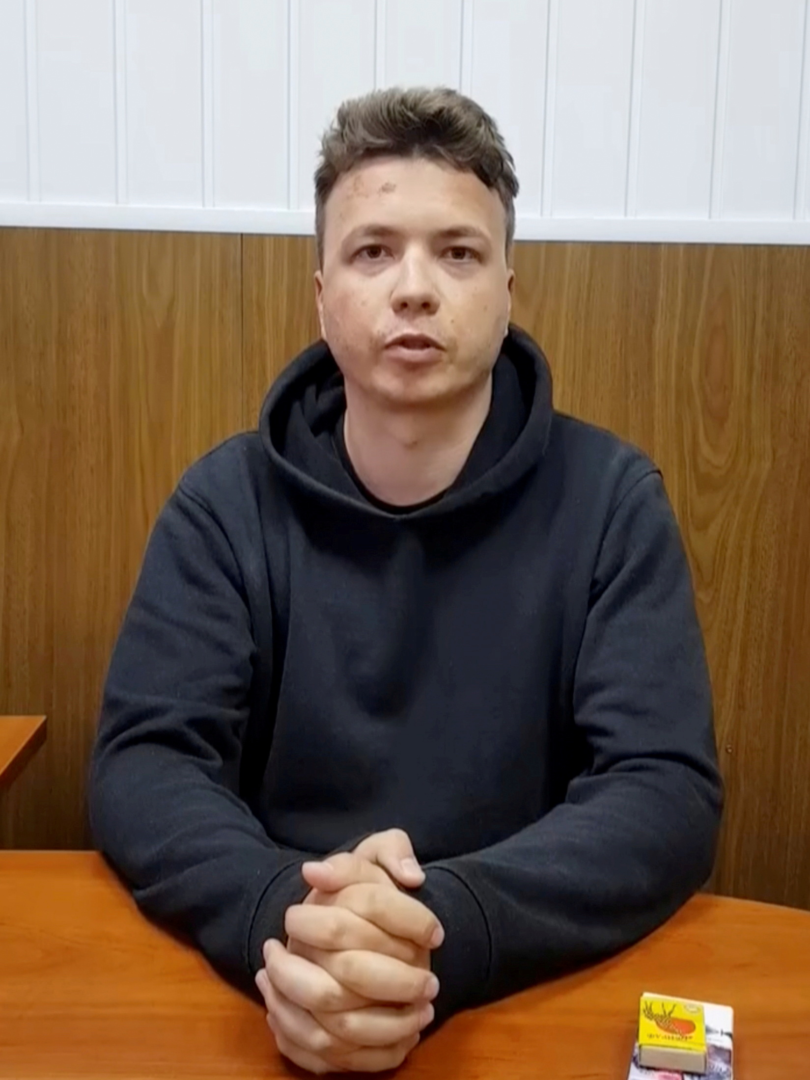 Belarusian blogger Roman Protasevich, detained when a Ryanair plane was forced to land in Minsk, is seen in a pre-trial detention facility, as he says, in Minsk, Belarus May 24, 2021 in this still image taken from video. Telegram@Zheltyeslivy/Reuters TV/via REUTERS T