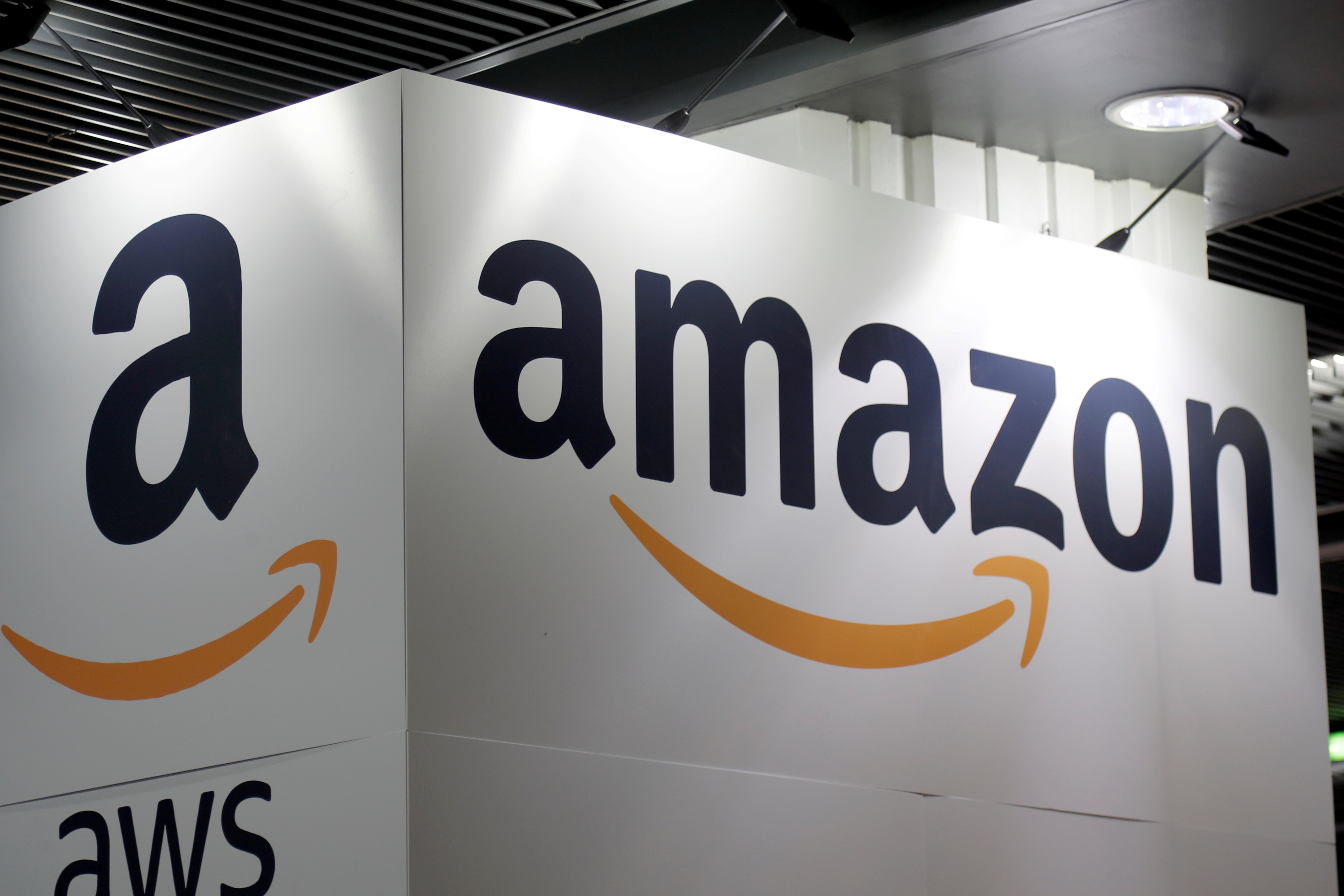 The Amazon logo is seen at the Young Entrepreneurs fair in Paris