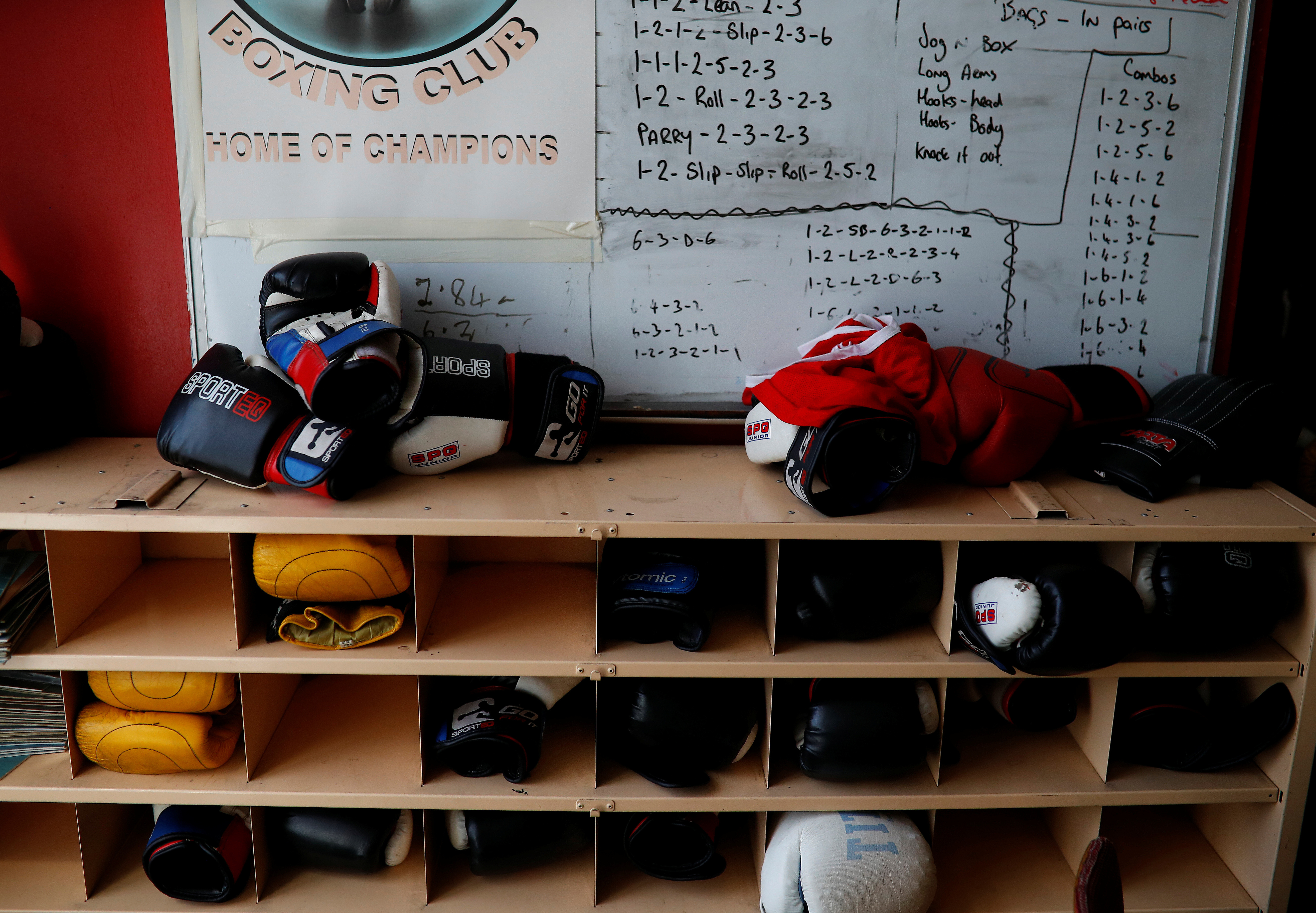 Boxing gloves are seen inside the community boxing gym above the Kellingley Social Club in Knottingley