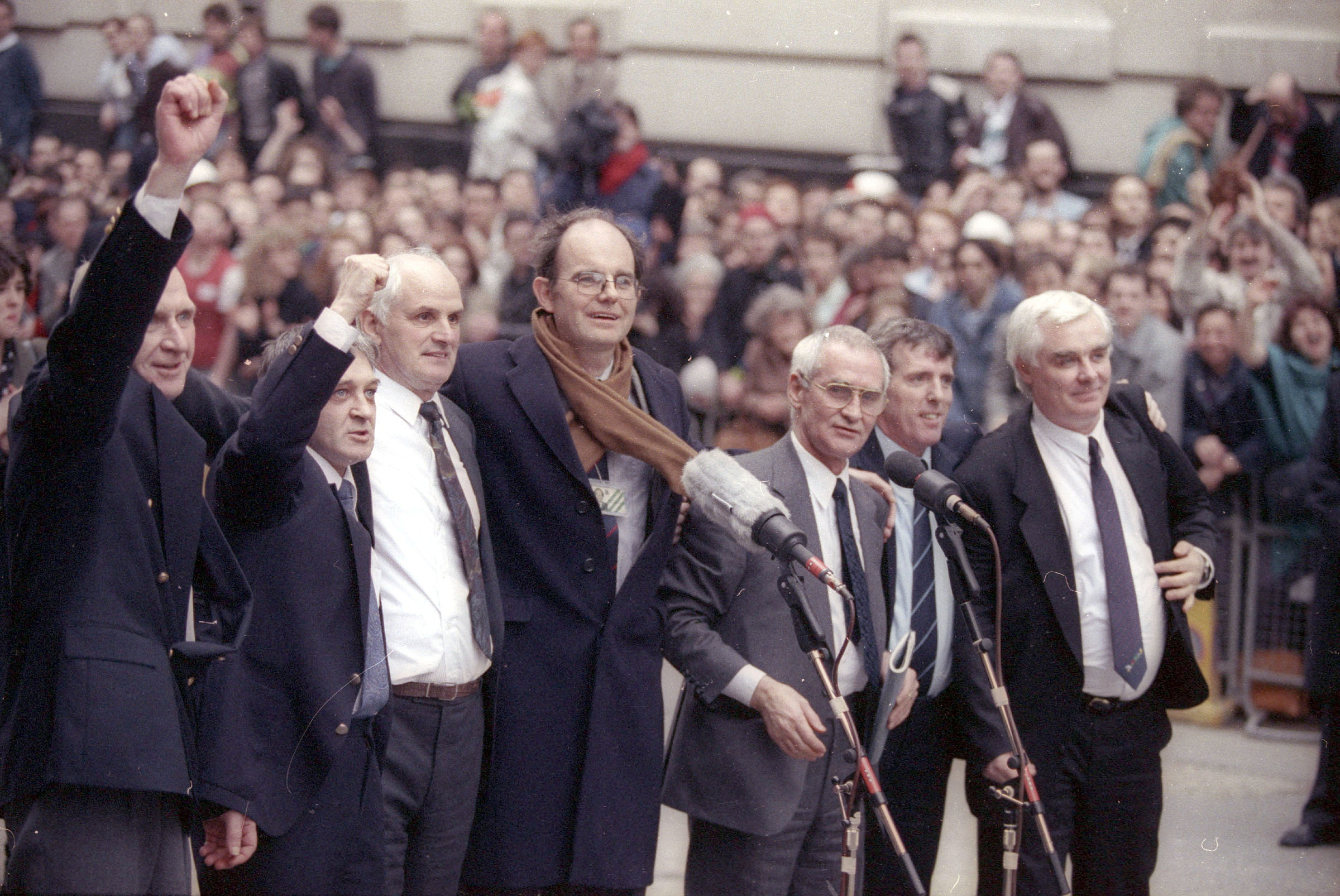 Aquitted members of the Birmingham Six, sent to prison in 1975 for the IRA's bombing of two pubs, gather ...
