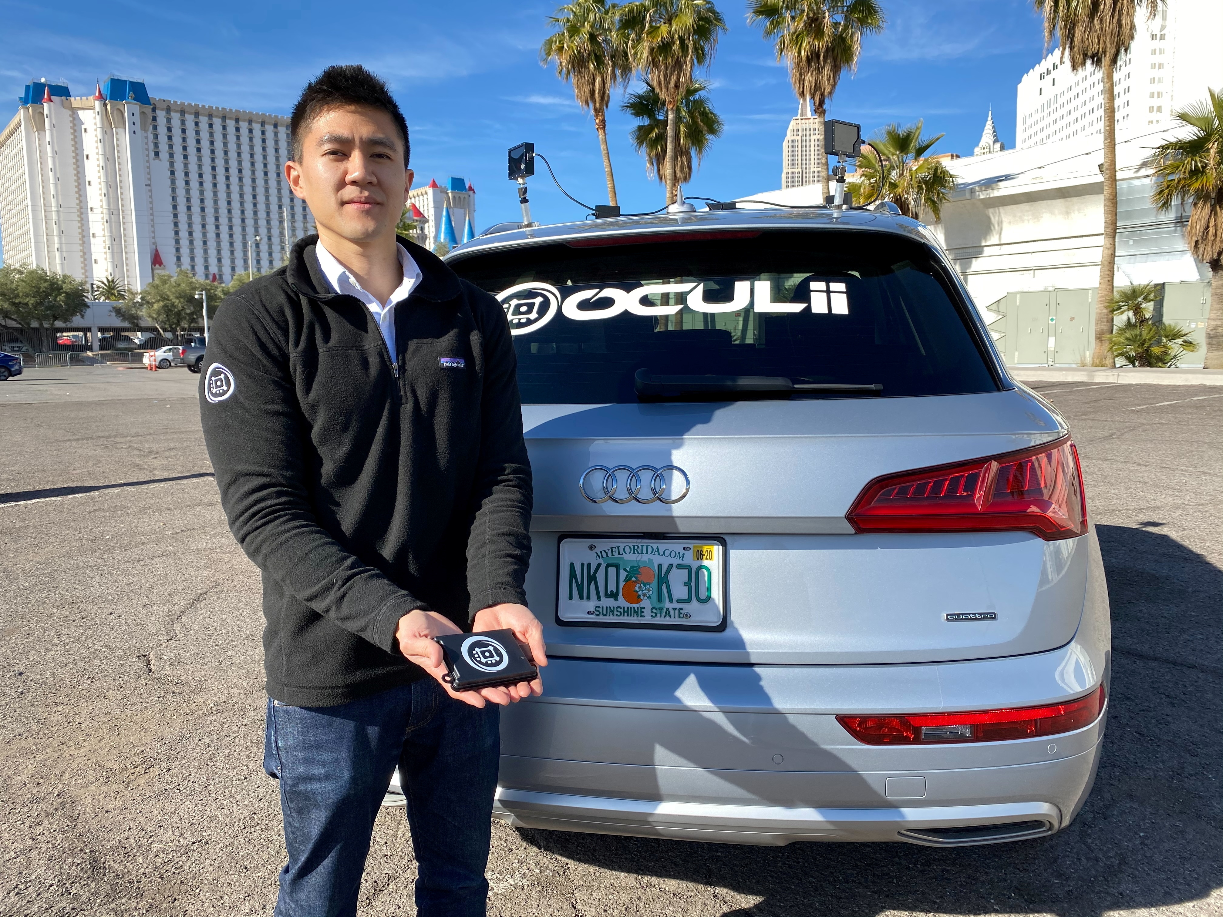 Oculii CEO Steven Hong shows the company's radar kit at the CES tech show in Las Vegas, Nevada