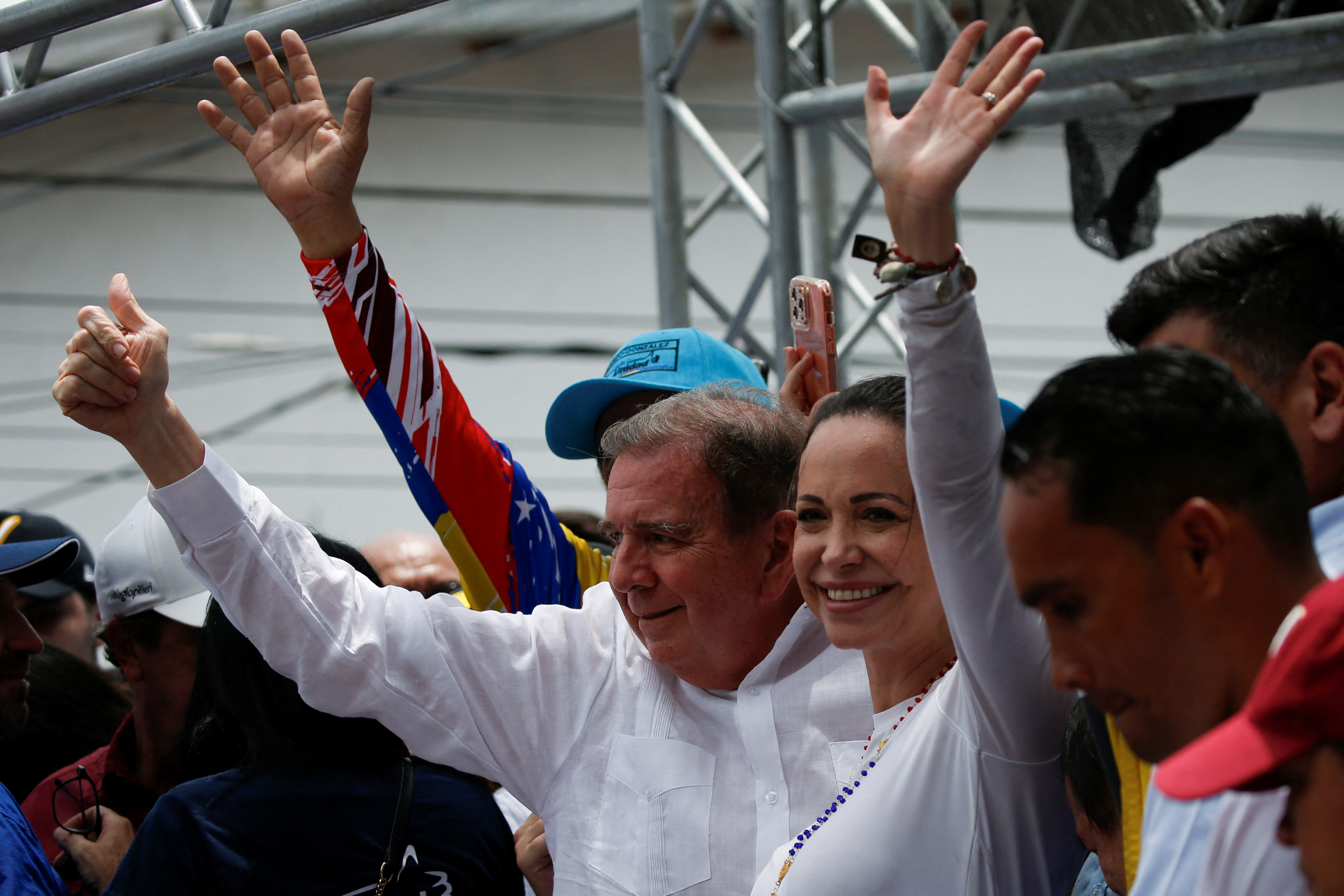 Venezuelan opposition presidential candidate Gonzalez and opposition leader Machado attend a rally in La Victoria