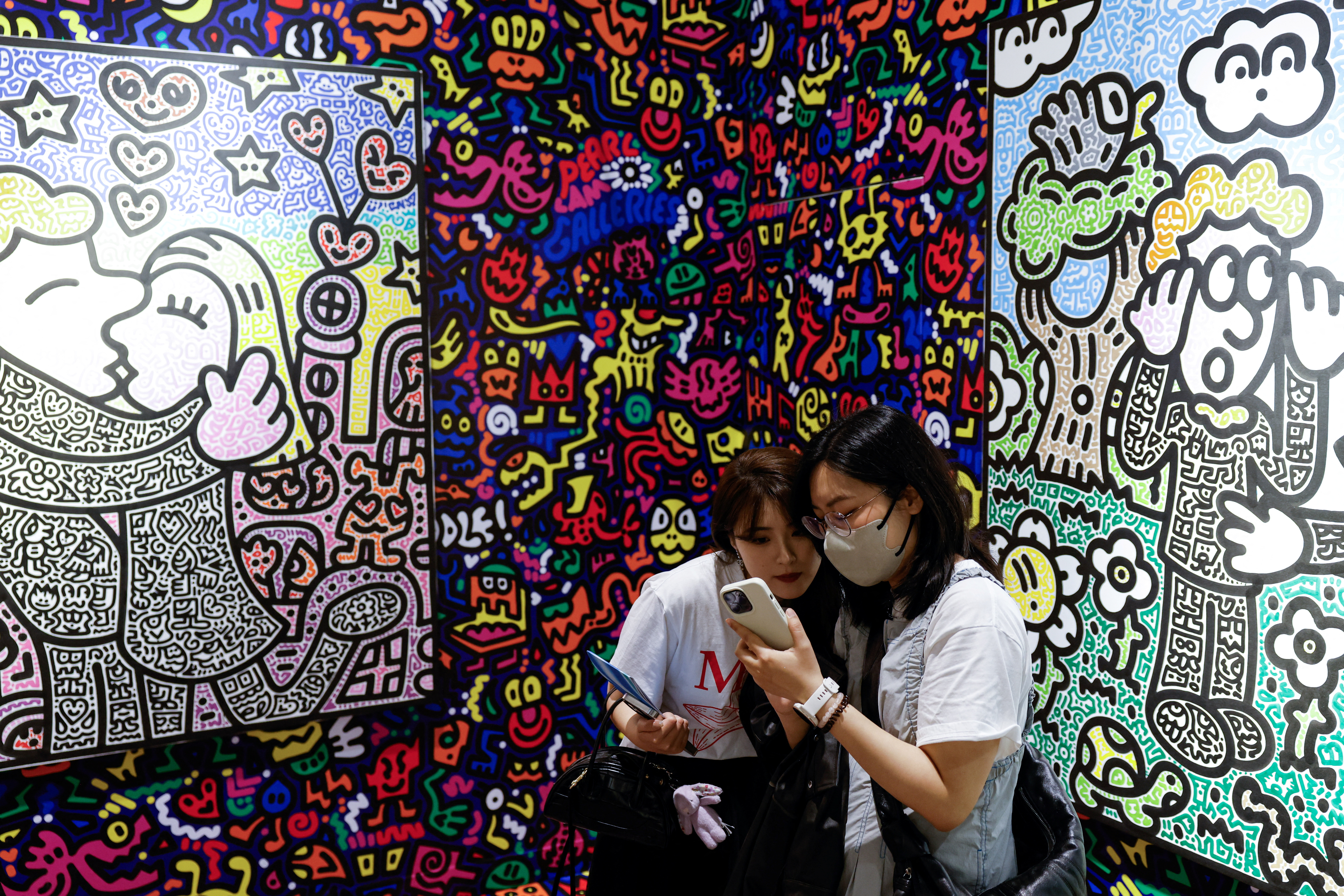 Artworks by Mr Doodle are displayed at Art Basel in Hong Kong
