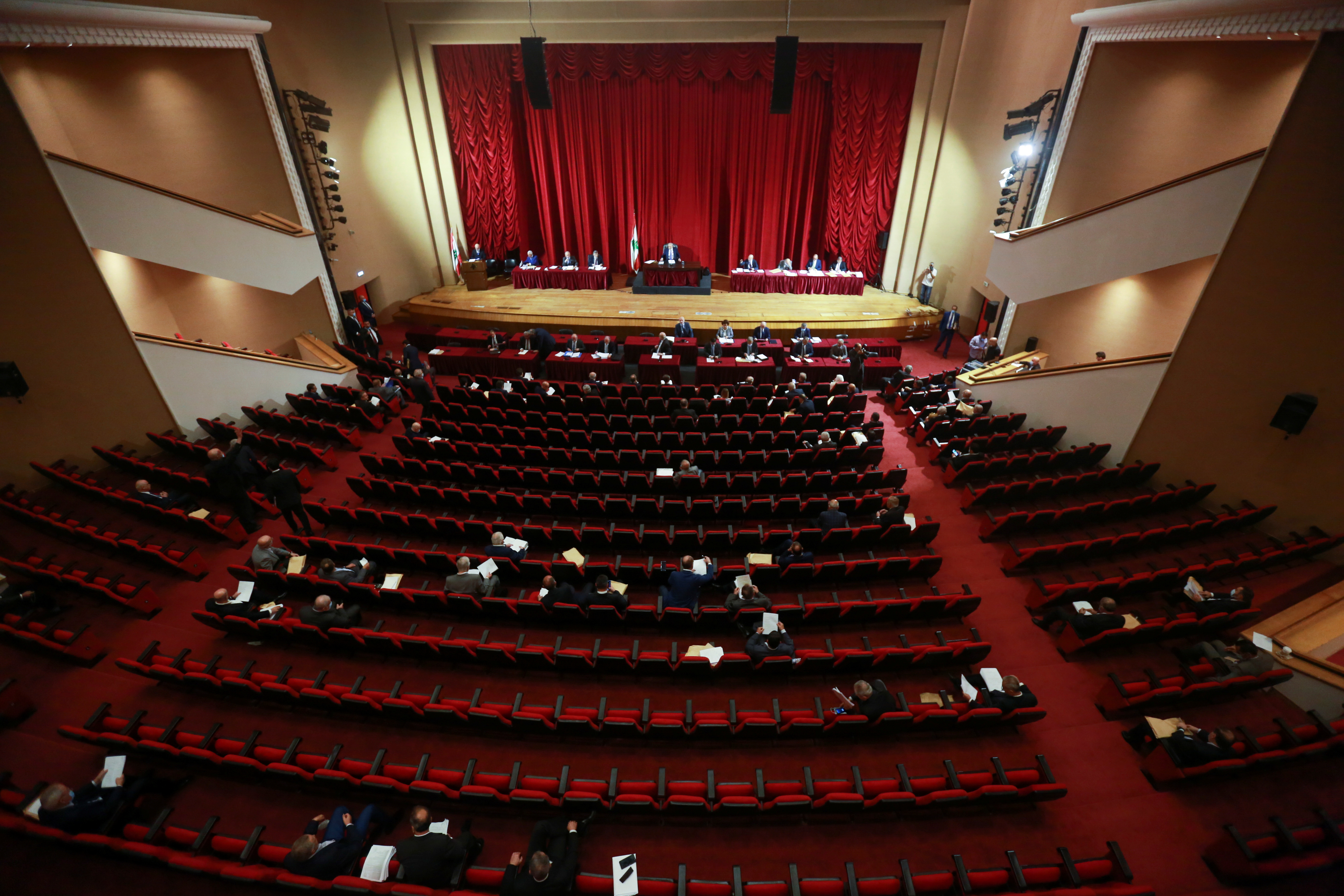Lebanese members of Parliament attend a parliamentary session at UNESCO Palace in Beirut