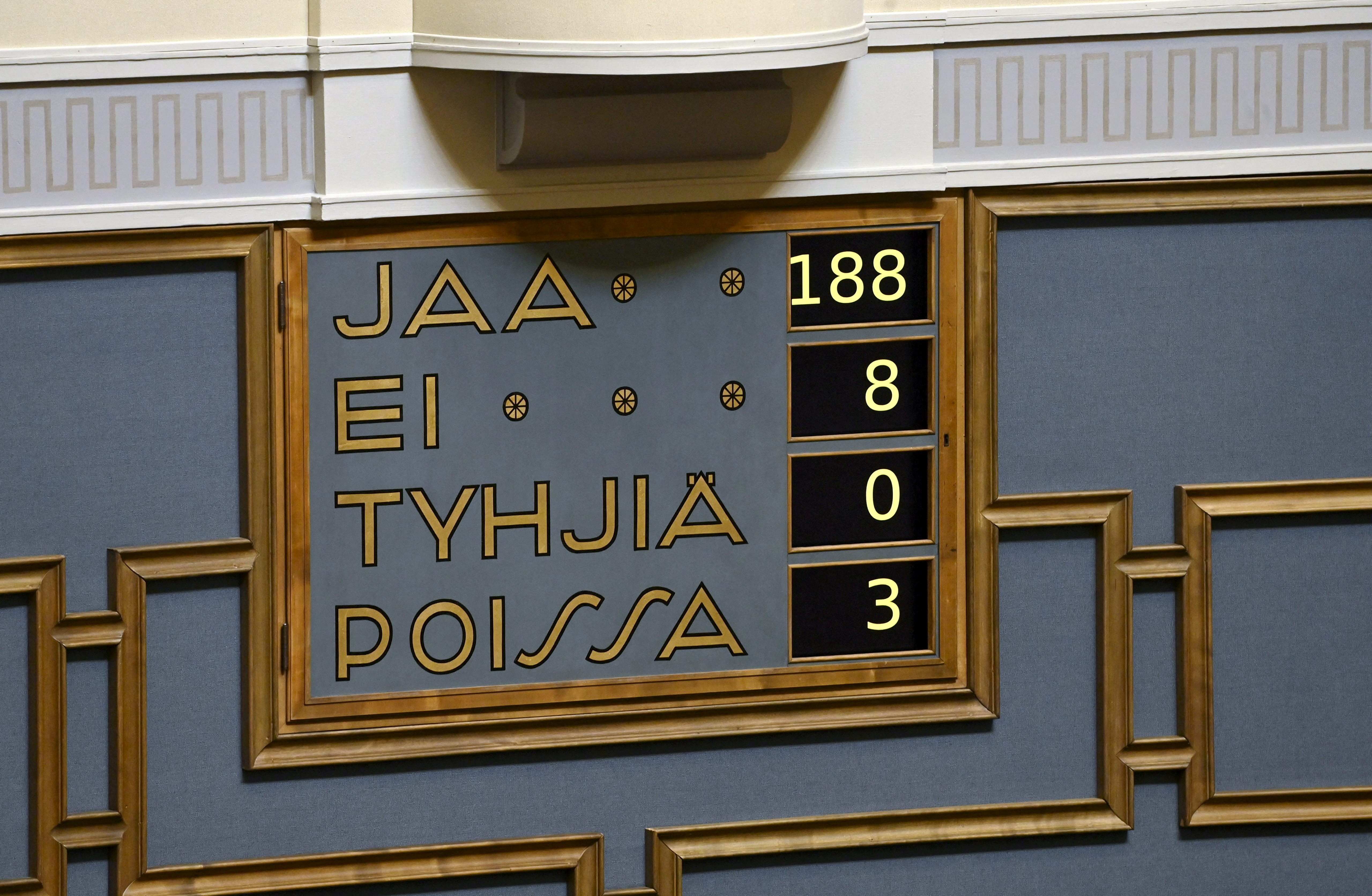 The result of the Nato vote seen on the voting board during the plenary session at the Finnish parliament in Helsinki