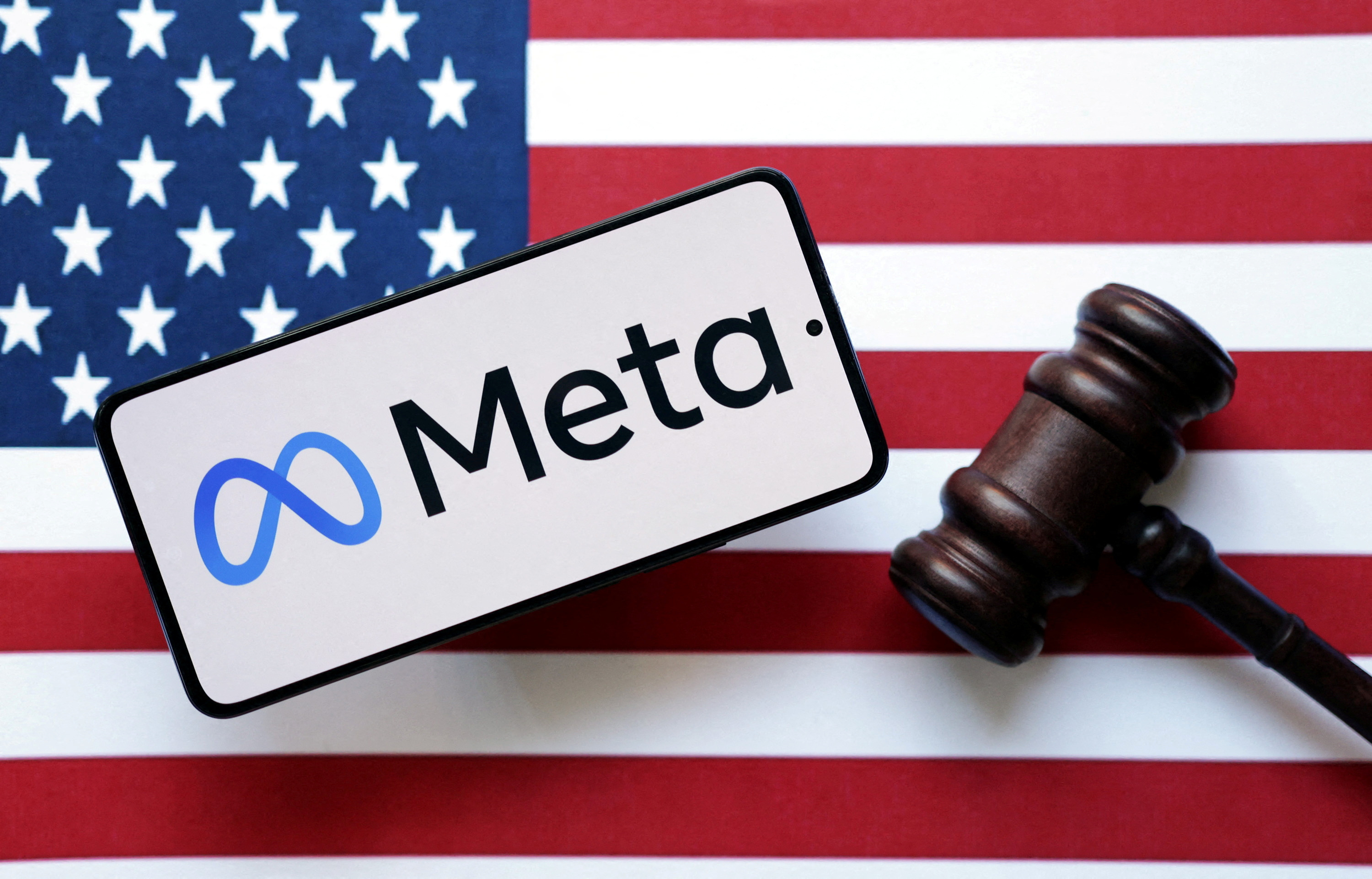 Illustration shows Meta logo, U.S. flag and Judge gavel