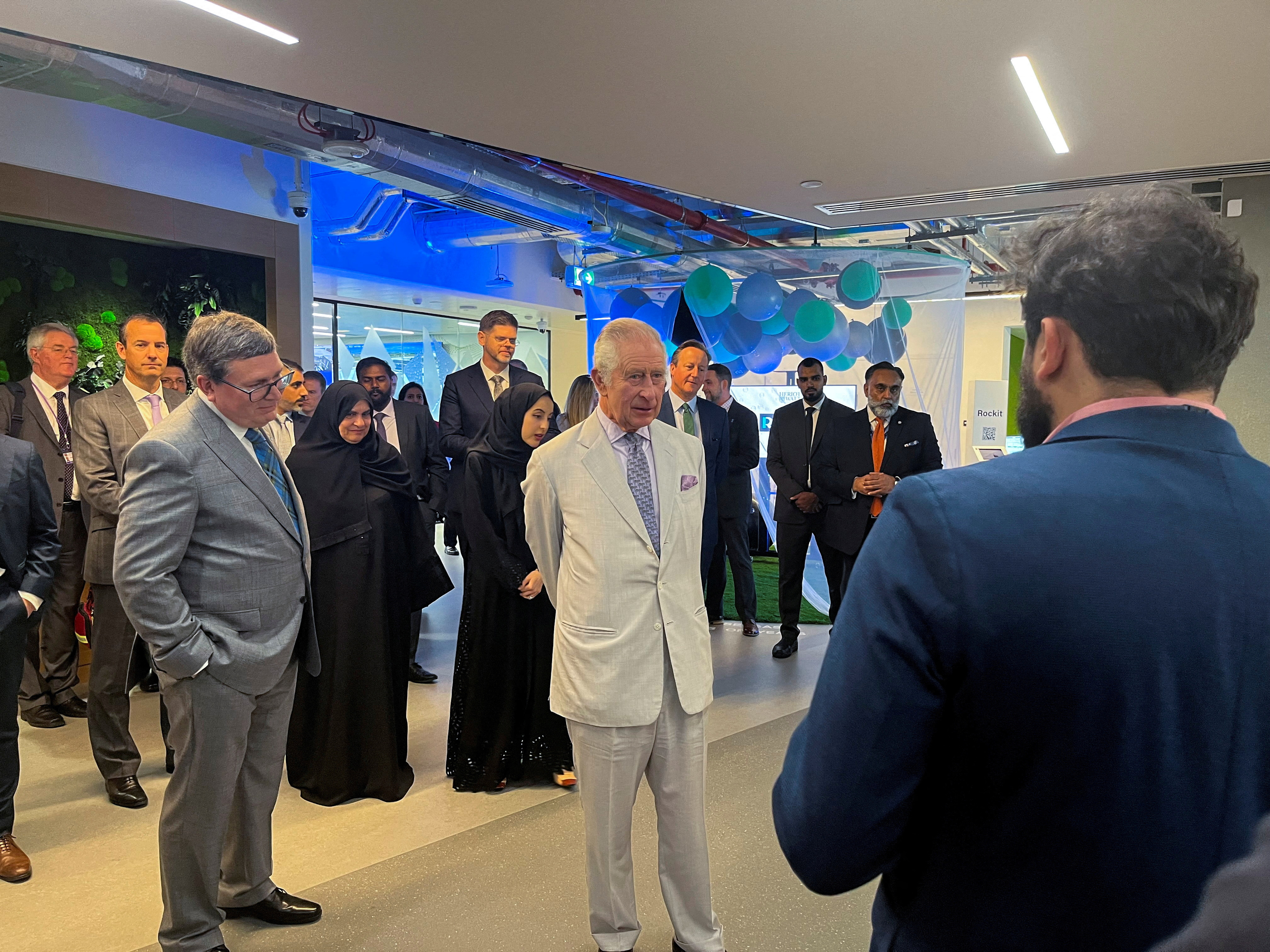 Britain’s King Charles arrives to meet the students at Heriot-Watt University Dubai
