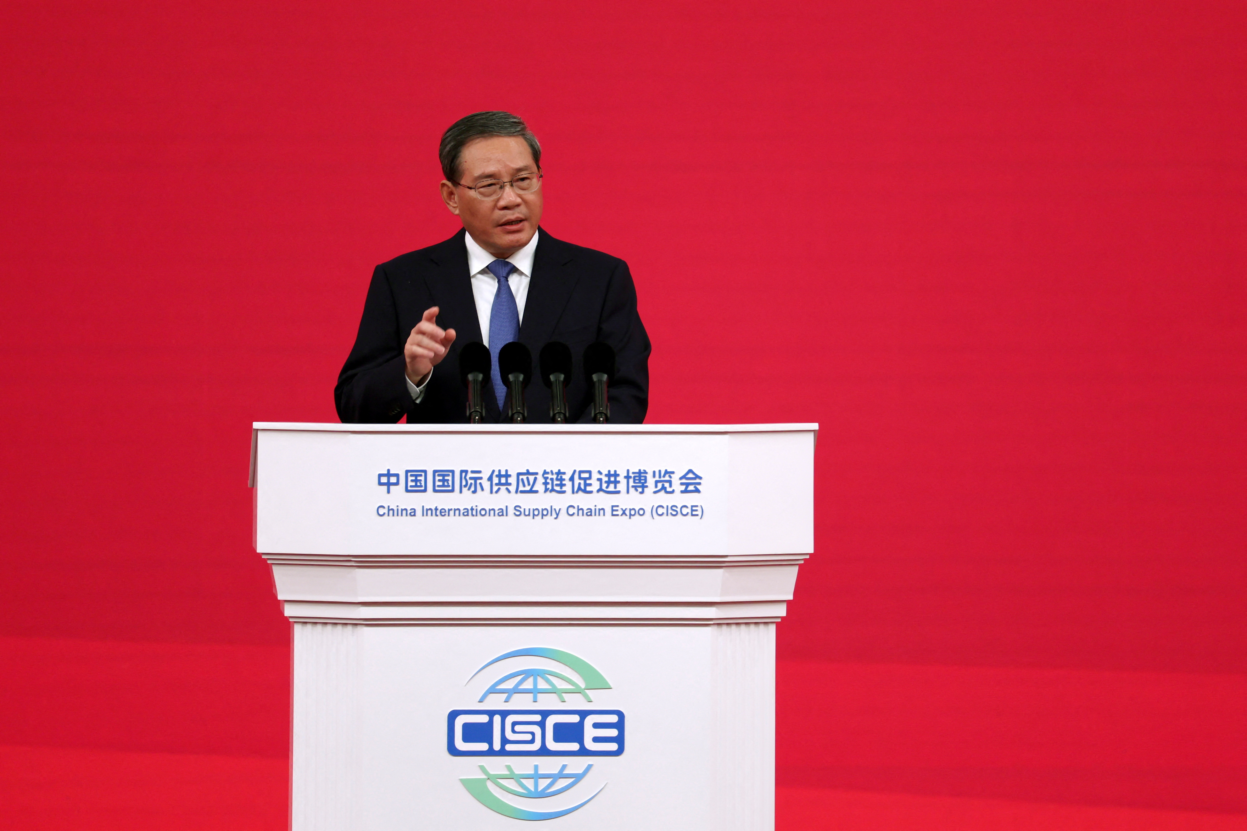 Chinese Premier Li Qiang speaks at the China International Supply Chain Expo in Beijing