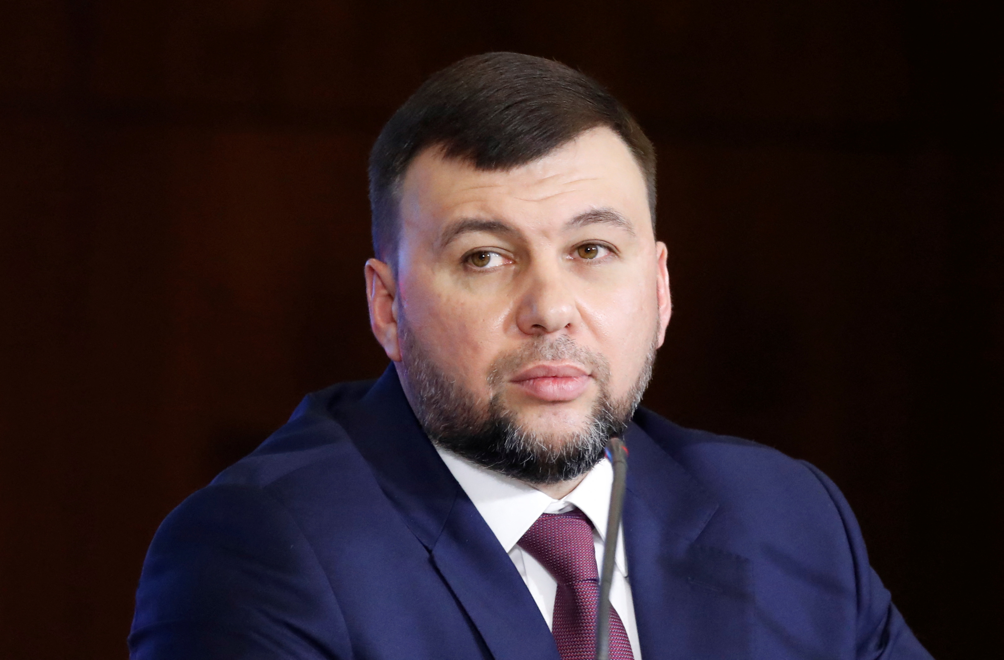 Head of the self-proclaimed Donetsk People's Republic Denis Pushilin attends a news conference in Donetsk