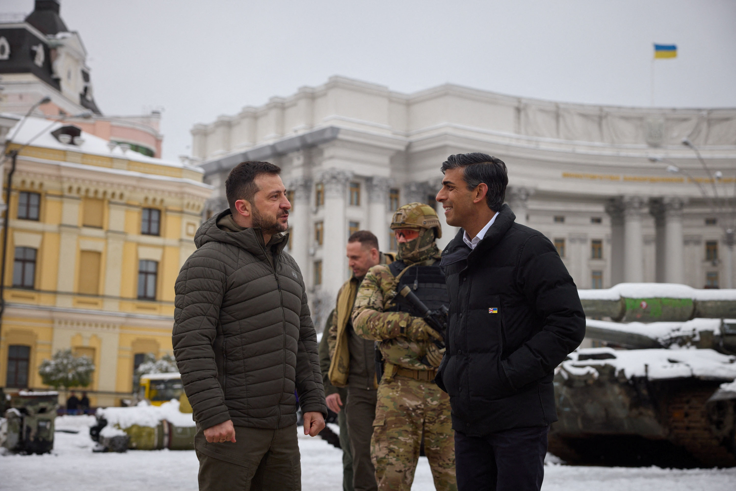 Ukraine's President Zelenskiy and Britain's Prime Minister Sunak visit at an exhibition displaying destroyed Russian military vehicles in Kyiv