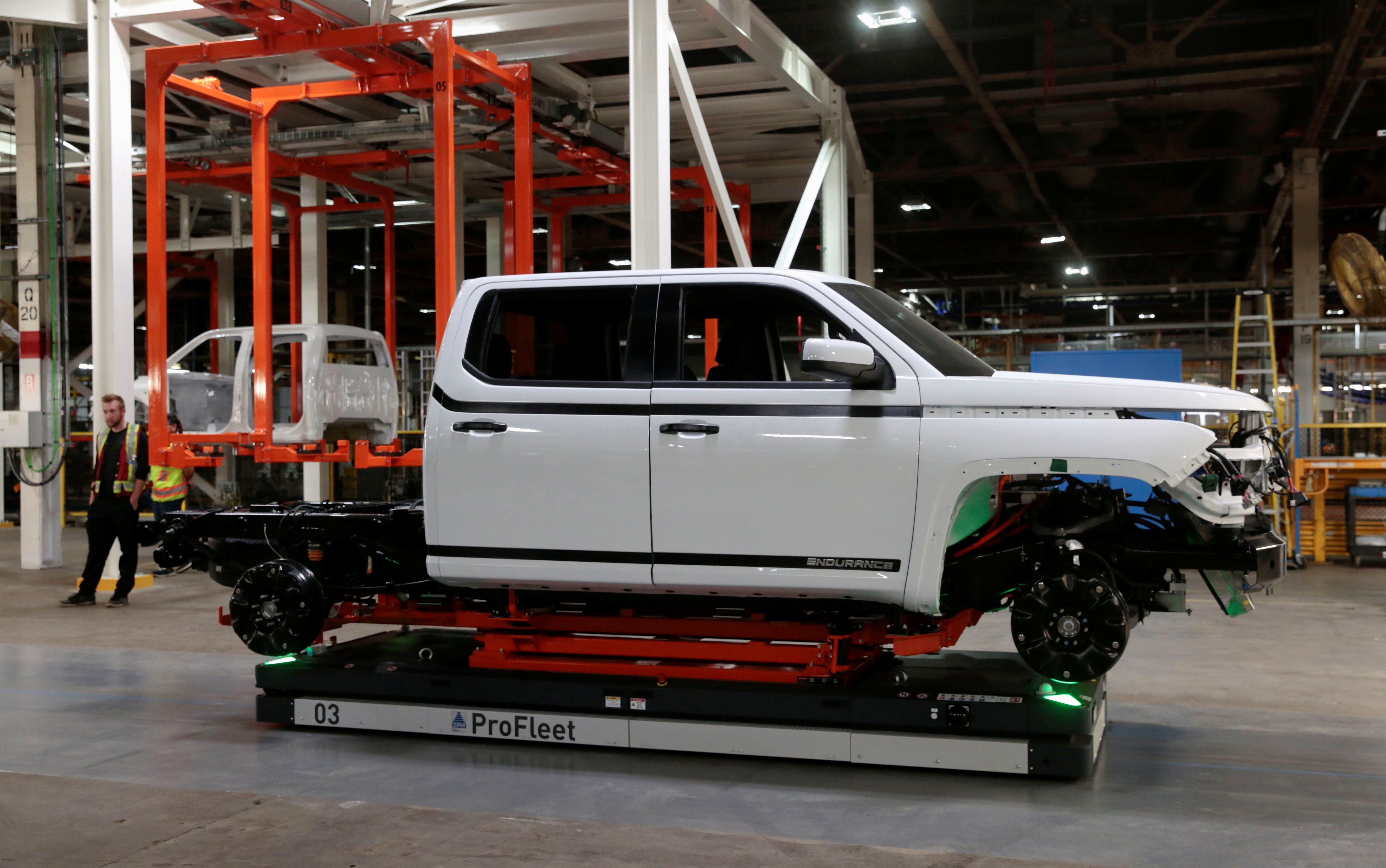 A Lordstown Motors pre-production all electric pickup truck, the Endurance, is seen after being merged with a chassis, in Lordstown