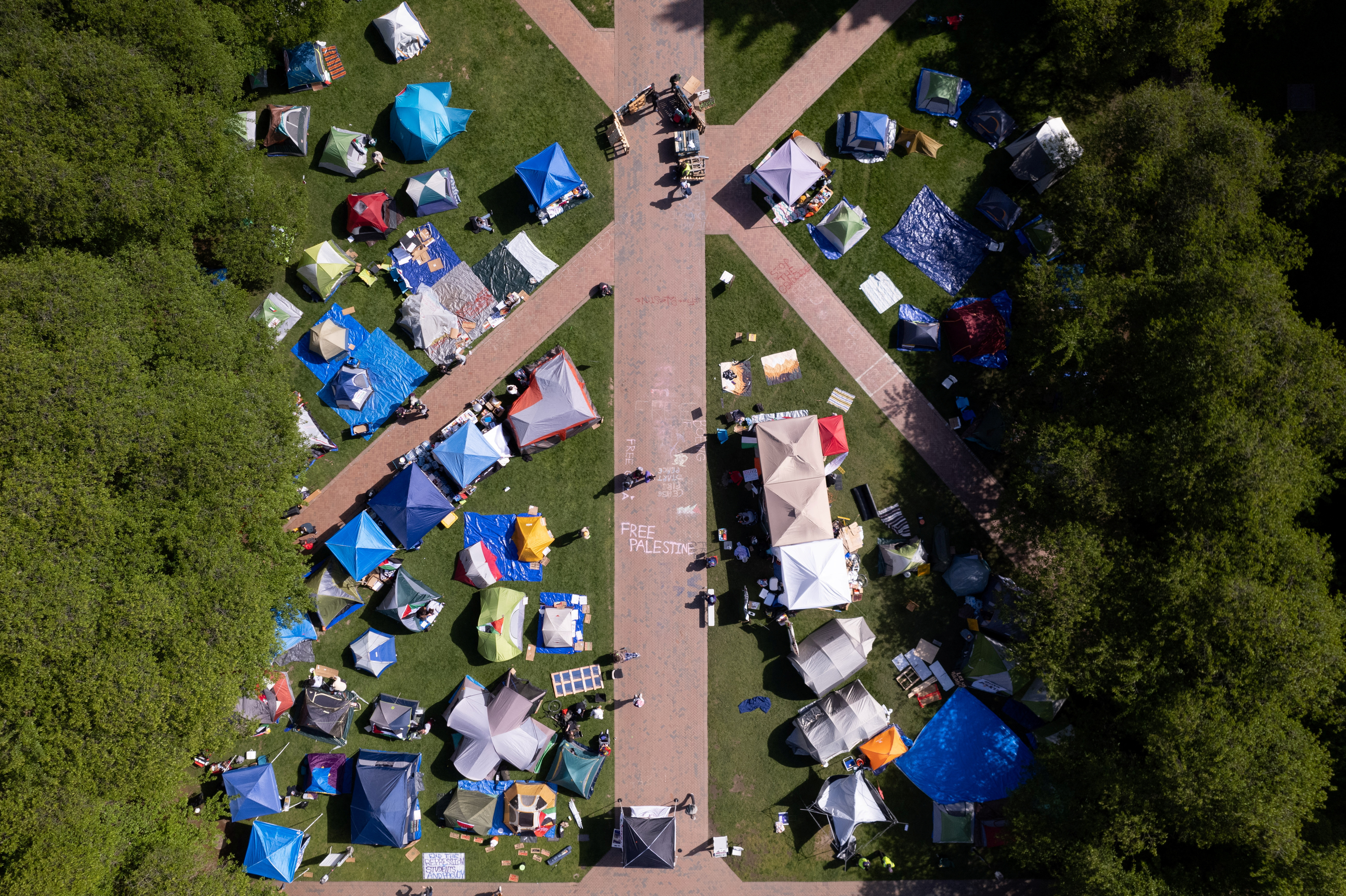 A drone view shows demonstrators at a protest encampment in support of Palestinians, at the University of Washington in Seattle